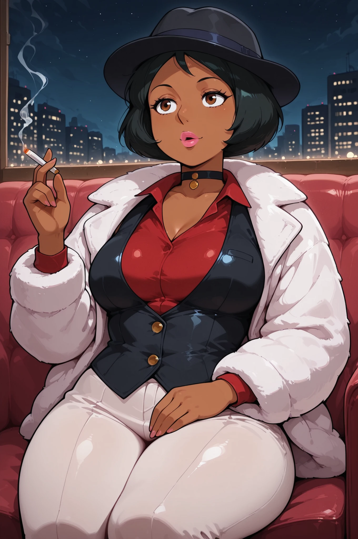 totally_spies_2k24 alex, black hair, short hair, brown eyes, dark-skinned female, pink lips, medium breasts, choker. | score_9,score_8_up,score_7_up,score_6_up,source_anime,rating_questionable, solo,1girl, mafioso, night,holding cigarette, lounging on lavish seat, mafi4, red shirt, black vest,black hat, fur coat,, zPDXL2,