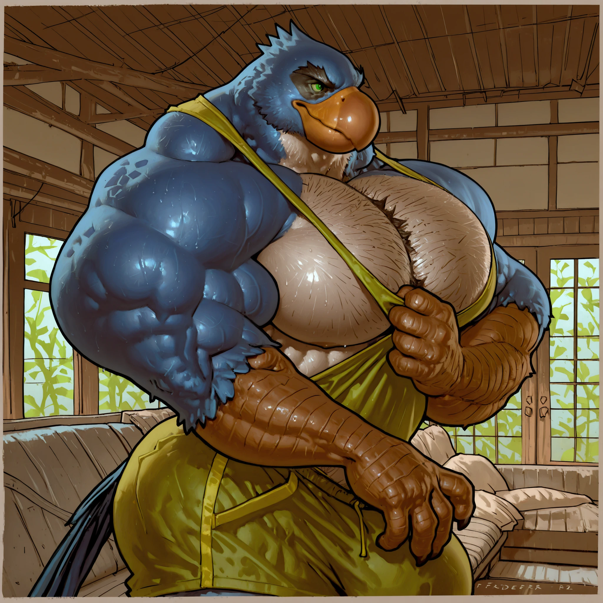 r-s, detailed face, detailed body, detailed eyes, perfect hands, perfect , masterpiece, high quality, best quality, 1boy, furry, bird boy, stubble, manly thick eyebrow, green eyes, smug, side pec, slip, shorts, huge bulge, hyper muscles, (taran fiddler), (puffy pecs, massive pecs, inflated pecs:1.3), puffy , hairy, hair, sweat, sweaty, sweat stain, detailed background, pectoral focus, indoors, sat on sofa, (drinking juice)