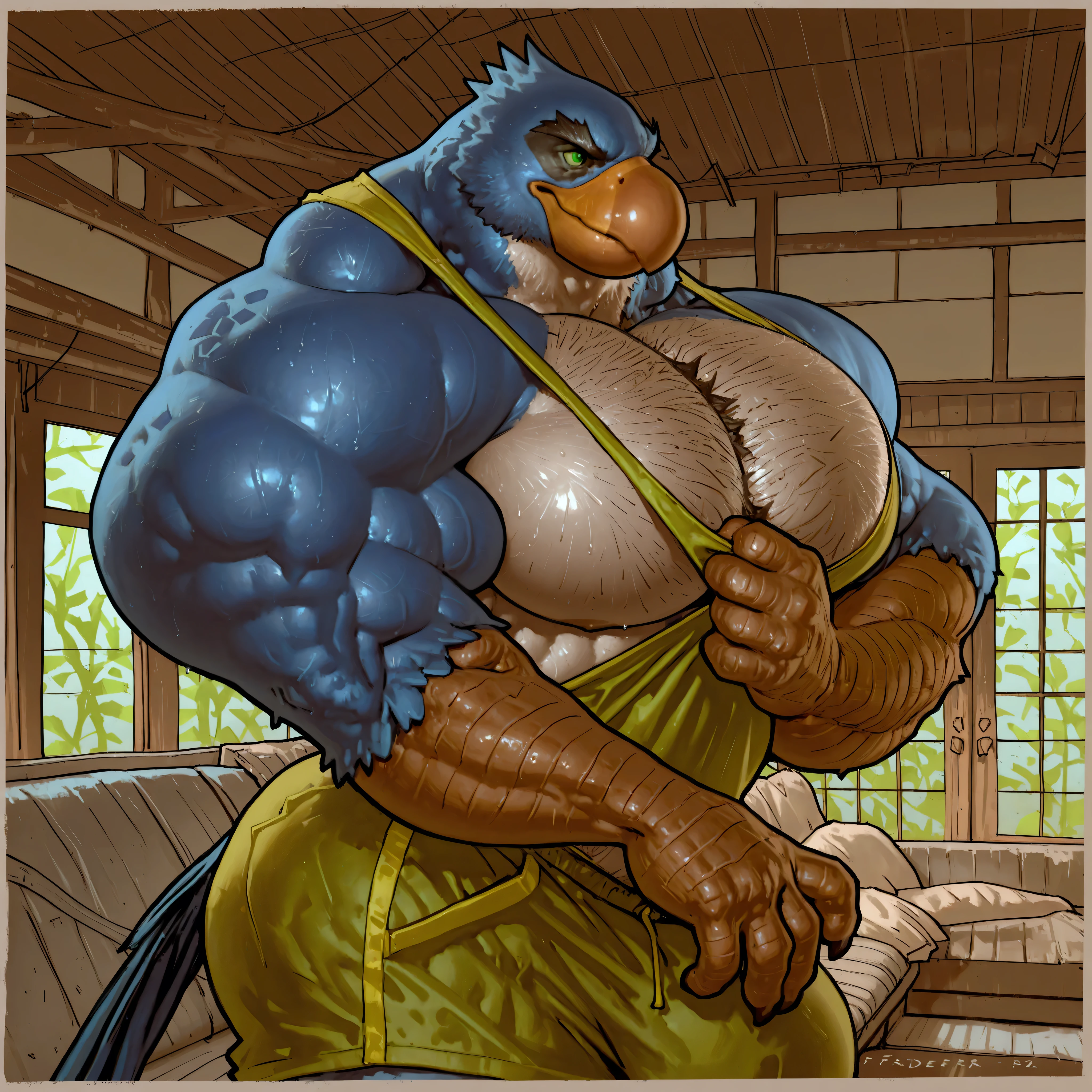 r-s, detailed face, detailed body, detailed eyes, perfect hands, perfect , masterpiece, high quality, best quality, 1boy, furry, bird boy, stubble, manly thick eyebrow, green eyes, smug, side pec, slip, shorts, huge bulge, hyper muscles, (taran fiddler), (puffy pecs, massive pecs, inflated pecs:1.3), puffy , hairy, hair, sweat, sweaty, sweat stain, detailed background, pectoral focus, indoors, sat on sofa, (drinking juice)