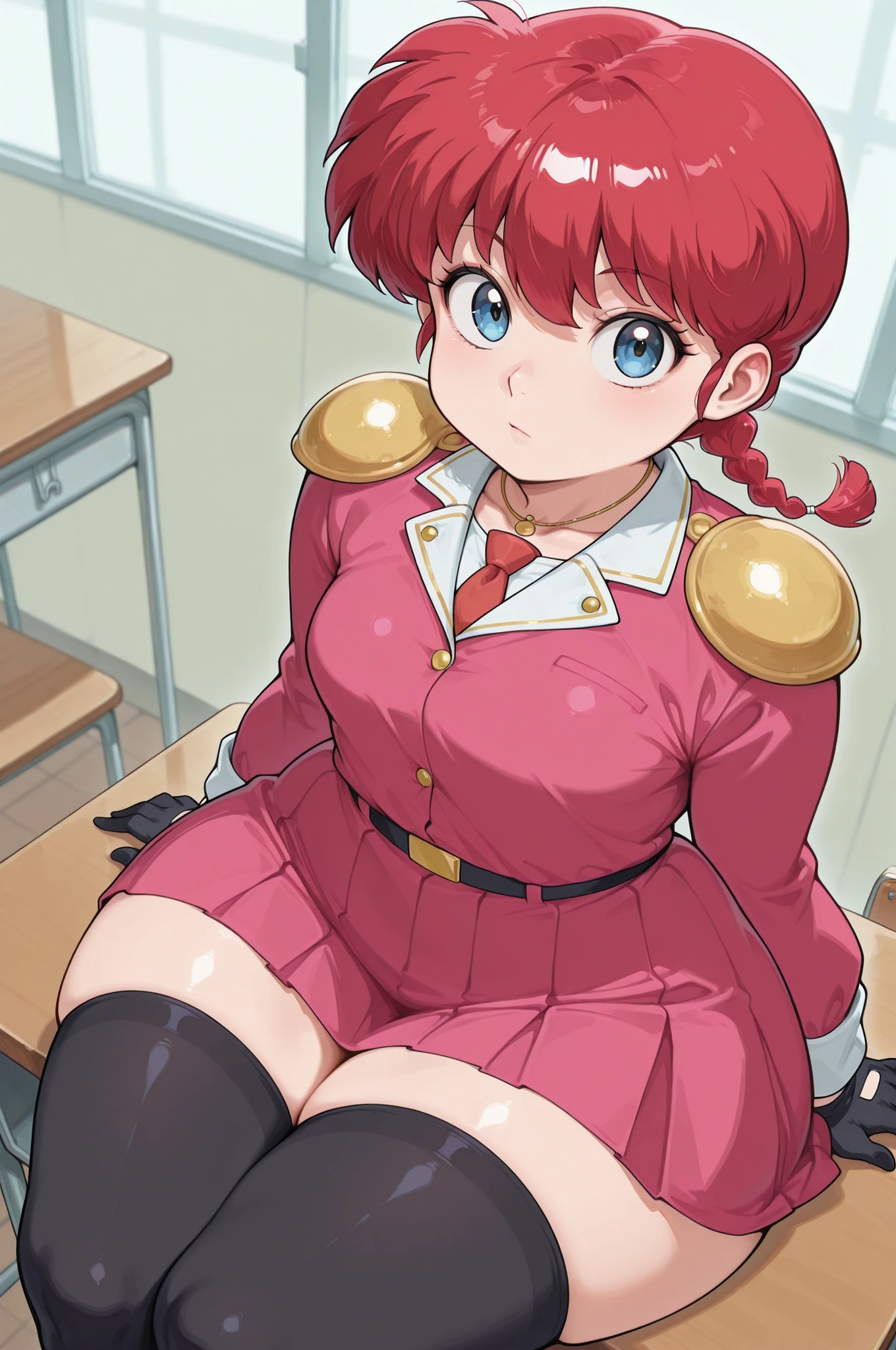 safe_pos, Ranma Saotome. red hair. pigtail. blue eyes. braid. small breasts. huge hips. necklace. black eyeliner. pink manicure. | 1girl, solo, closed mouth, St_Arcadia_Uniform, school uniform, clothes, shoulder pads, necktie, long sleeves, pleated skirt, black thighhighs, legs together, looking at viewer, sitting on desk, school desk, classroom, from above, dutch angle, light theme , gloves