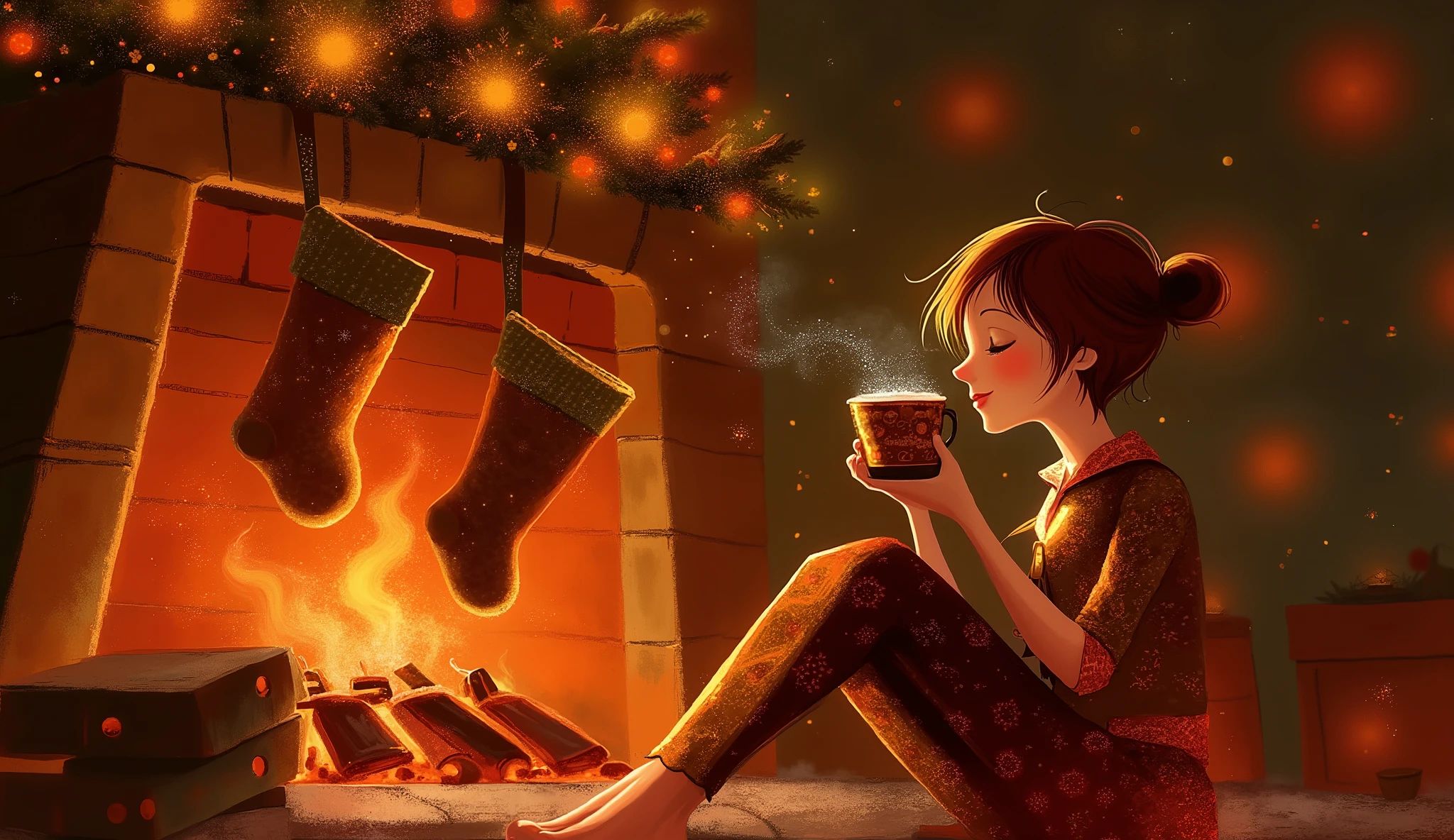 A cozy fireplace scene, crackling fire, warm lighting, empty stockings are decorating the fireplace and a woman, is sitting by the fireplace drinking hot chocolate in pijamas, in the background a majestic christmas tree.