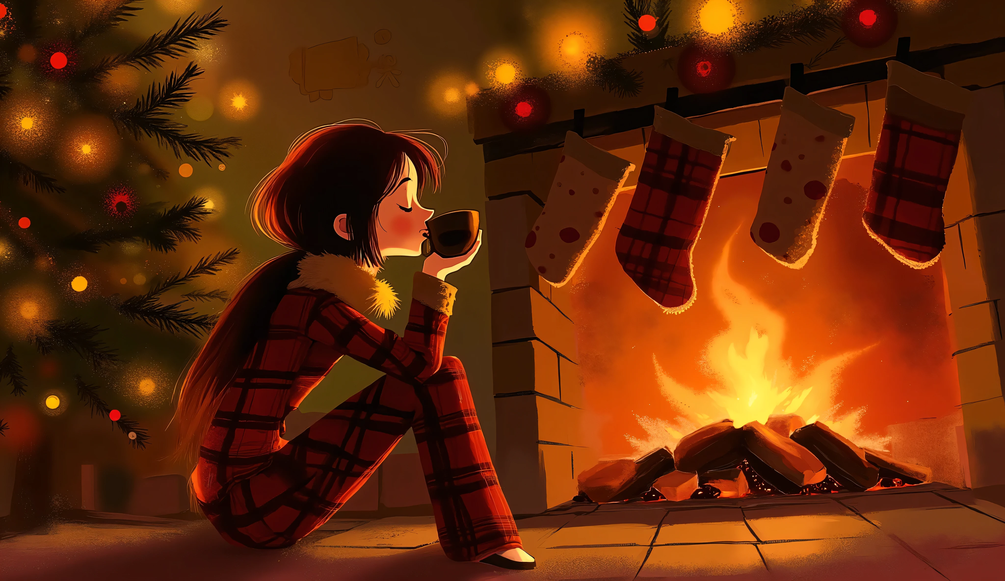 A cozy fireplace scene, crackling fire, warm lighting, empty stockings are decorating the fireplace and a woman, is sitting by the fireplace drinking hot chocolate in pijamas, in the background a majestic christmas tree.