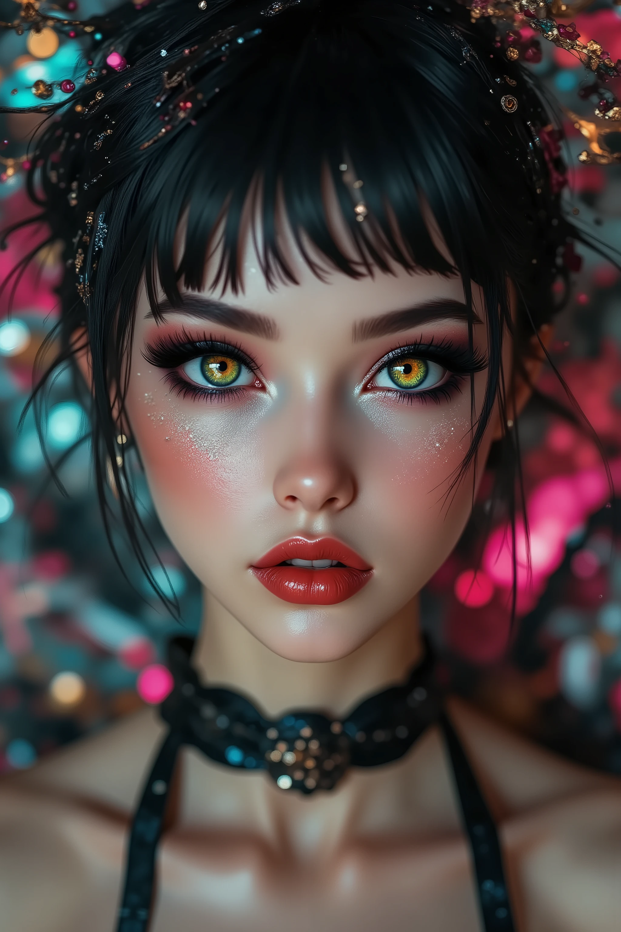 Ultra-realistic (photorealistic Realism) , (Key Directive: - "The priority is the anatomical accuracy and texture of the materials" - "Ultra-sharp human eyes with biological accuracy") (ultra realistic texture details: velvety skin, hair), (dark hair (short hair:1.21)((slicked to one side)), intricately detailed:1.3),  long Lashes: individual synthetic fibers (crosshatched roots:1 . 2 , clump-free separation), (Carefully draw Long mascara:1.22) [perfect dark eyeshadow:1.2][glossy red lipstick:1.3], professional Magic Makeup on eyes:1.3, perfect composition. Eyes (acid-resistant terminology) (macro-details:1.5): * Moist corneal surface (visible aqueous layer:1.2) * Hyper-detailed iris eyes (green with orange sparkles) * Precise limbal ring (slightly darker pigmentation:1.3) * Pupil micro-texture (irregular edge authenticity:0.9) * Vasculature in sclera (subtle blue veins radiating from limbus) | Technical Specs: Optics: - Zeiss Otus85mm f/1 . 4 lens "(eye refraction calculations:1 . 22)" - Shutter Speed:1/500 "(freeze eye micro-movements)" - (Focus Stacking:"7-point coverage on iris plane") (Avoid: "pupil distortion , uncanny valley asymmetry , plastic-like wetness"). ((body shot to knees:1.4)), no blur sharp focus on all body, (flat chest, very small breasts), (skinny body build), (Sleeveless, beautiful ribbon PVC: 1.33), ((Slingshot swimsuit:1.3)), (wear Micro Sling made of (Sparkly neon), Tight PVC Ribbon: 1.25), {psychedelic background,voronoi backround}.