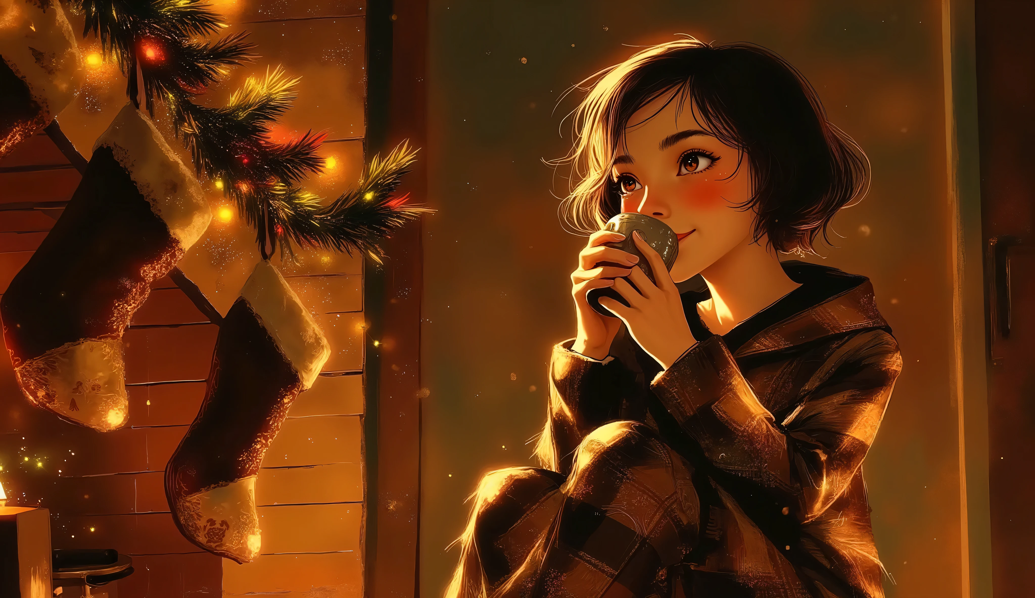 A cozy fireplace scene, crackling fire, warm lighting, empty stockings are decorating the fireplace and a woman, is sitting by the fireplace drinking hot chocolate in pijamas, in the background a majestic christmas tree. 