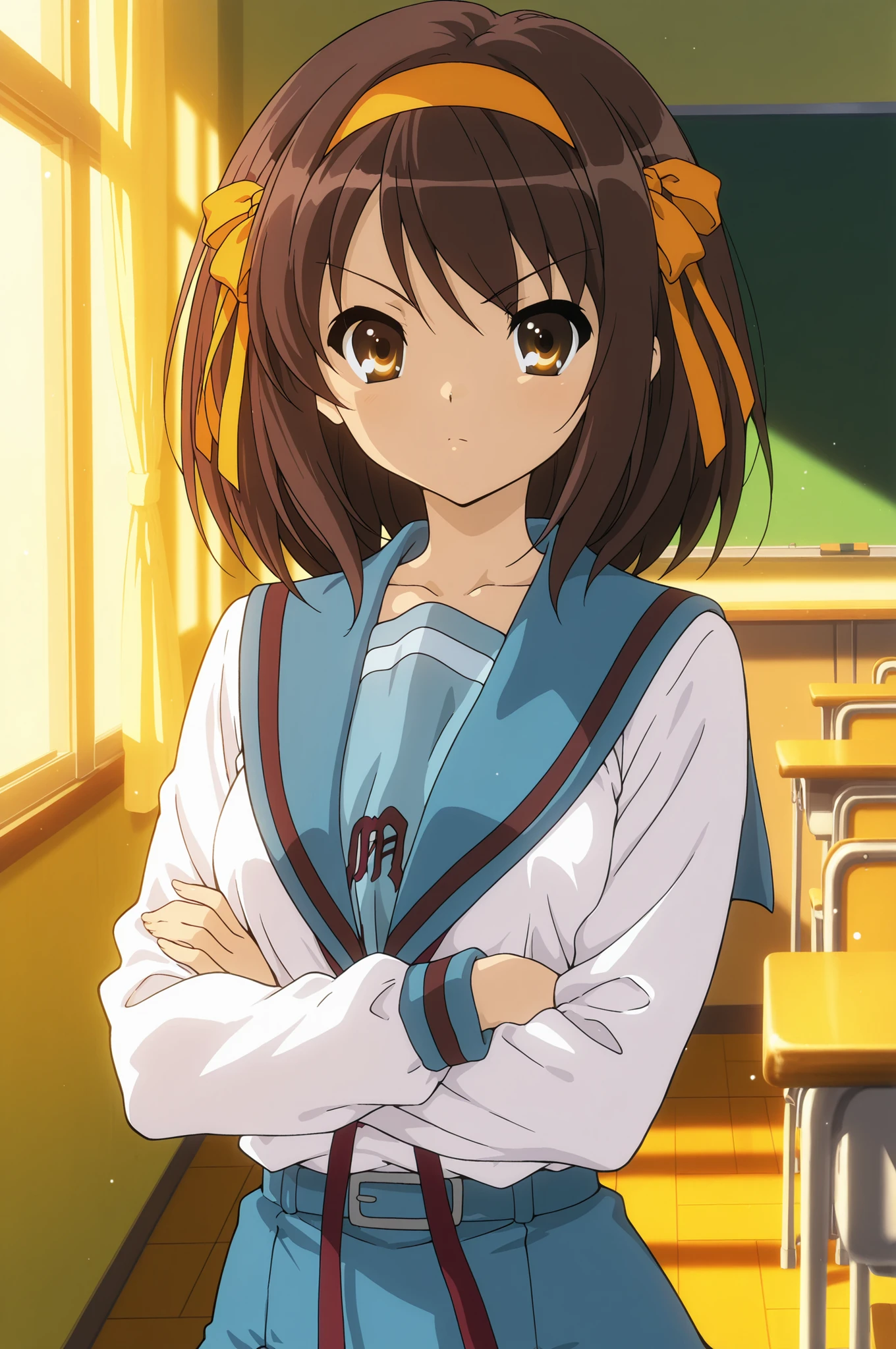 masterpiece, best quality, highres, ultra-detailed, extremely detailed, sharp focus, 8k, UHD, cinematic lighting, beautiful lighting, soft shading, shading, sharp lines, anime style, perfect anatomy, 

beautiful girl, 1girl, haruhi suzumiya, short hair, brown hair, brown eyes, hairband, medium hair, ribbon, hair ribbon,
skirt, long sleeves, school uniform, serafuku, sailor collar, blue skirt, blue sailor collar, winter uniform, kita high school uniform, Standing with arms crossed, school classroom