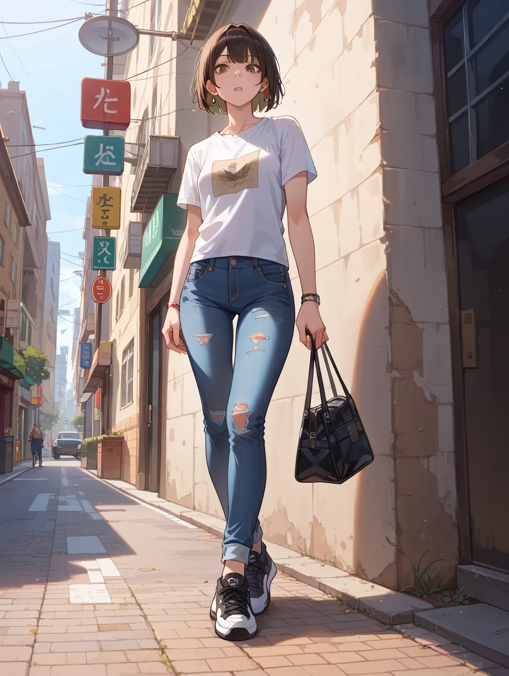 masterpiece, highest quality, High resolution, Very detailed, Detailed Background, Cinema Lighting, One girl, young woman, Wear a white shirt, Brown cardigan, Denim pants ,Shorts、 smile, wearing  Backpack, (Backpack:1.0), travel Backpack, Are standing, whole body, Day, Day光, Outdoor、