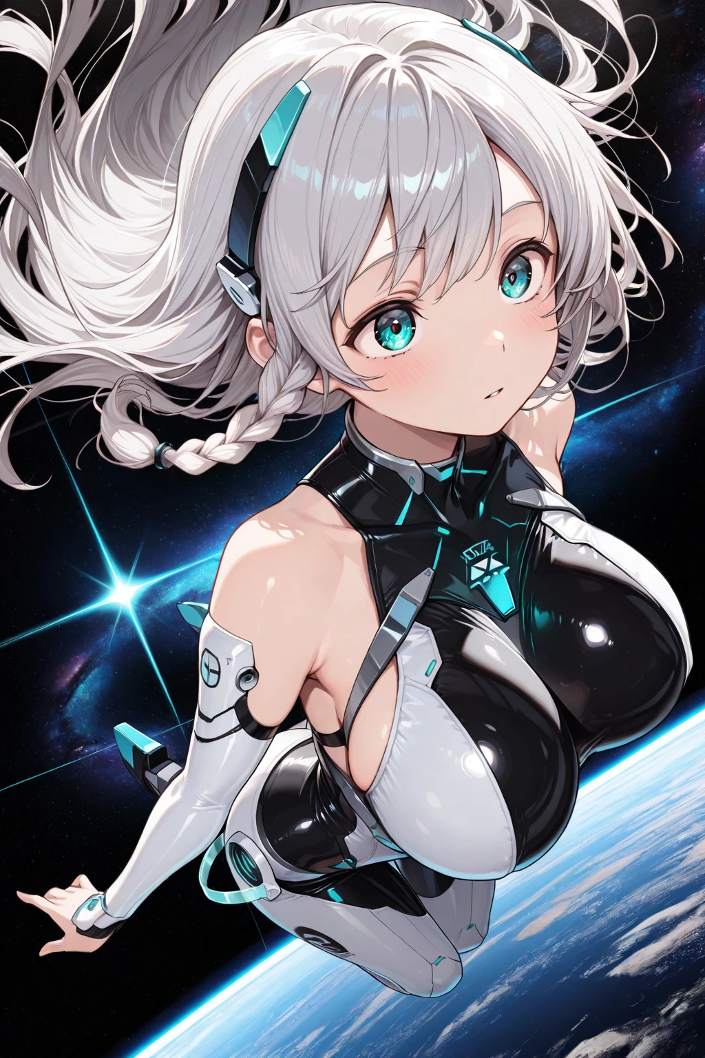 beautiful, masterpiece, Highest quality, anime, One girl, C Cup,Portrait Shot, View your viewers, Covered、Short Hair、nearby、Blue Eyes、art、、White hair,Blue streaked hair、wallpaper、hairpin、Cute smile、Thighs、navel、Sci-fi hair accessories、Blue-black_Gloves、Blue-black_Knee-high boots、、Cute、Blue-black_Short skirt、Sci-fi clothes、blue sky、Blue-black_High leg、Leather material、navel