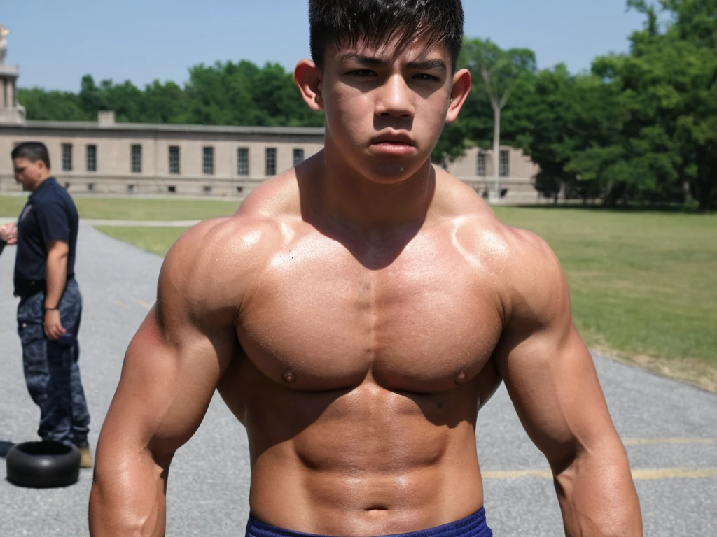 Realistic picture of a 16 year old boy with good muscles on his arm in the room in front of the mirror
