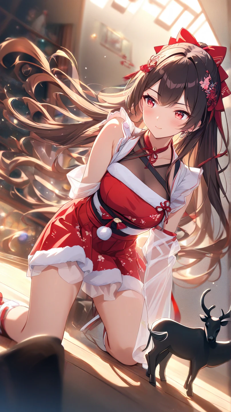 ((masterpiece, best quality)), high resolution,ultra detailed,8k,16k,detailed background, perfect lighting,detailed beautiful eyes,1girl,solo,,embarrassed,blush,lift skirt,look at viewer,steam,breath,(yellow peeing,evil smile:1.2),from below,aroused, standing,open mouth,sweat,,(show off ),sparkle \(honkai: star rail\),twintails, hair ornament,red off shoulder kimono, mask on head, detached sleeves, choker, obi, single glove, wristband, criss-cross halter, thigh strap,short stature,little_girl,small breast,black hair,twintail,red eye,(anime style:1.2),hotel room,night