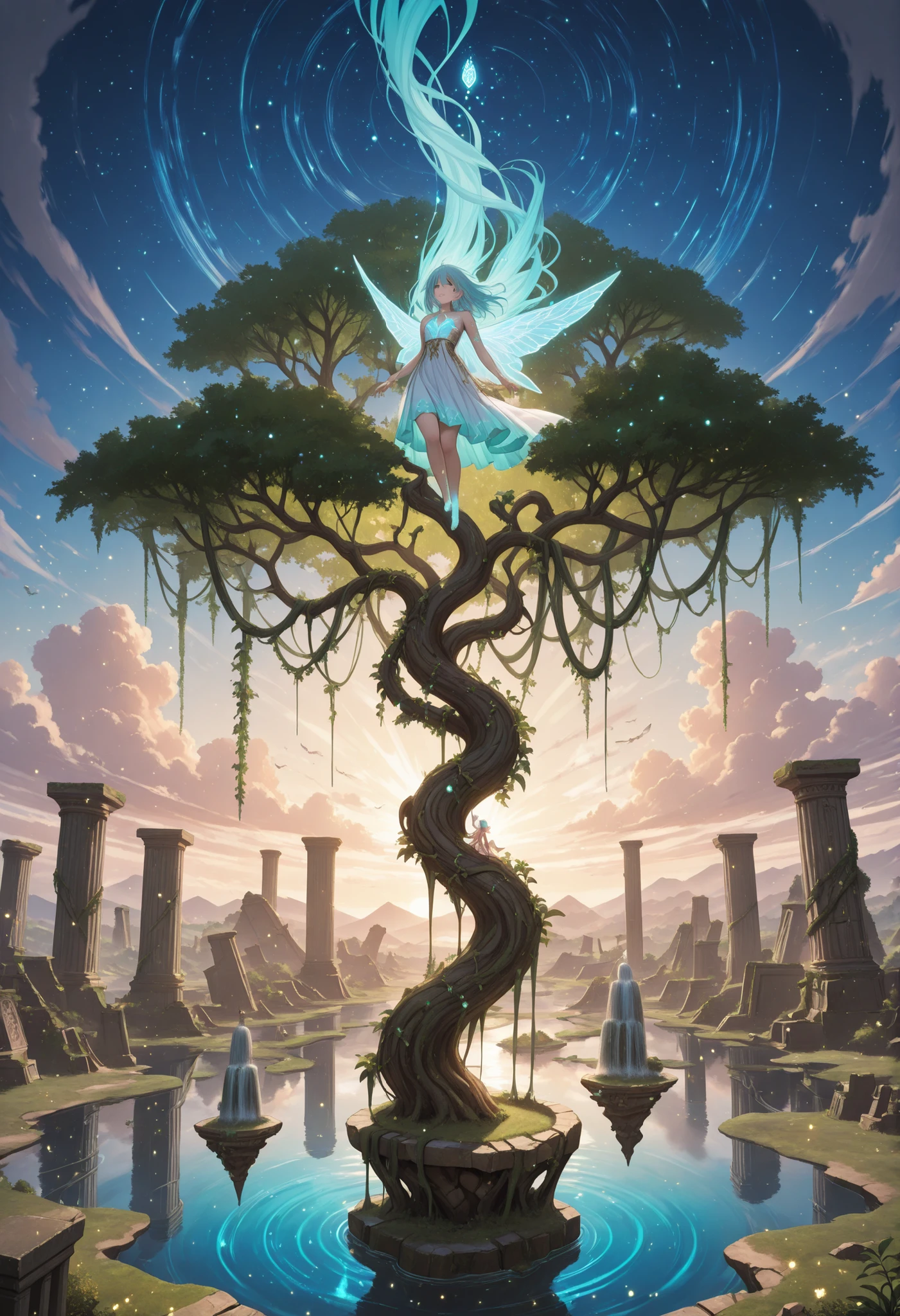 (masterpiece, high detail, fantasy atmosphere),
a vast floating sky garden in another world,
lush greenery, giant mystical flowers, floating stone platforms,
golden sunlight filtering through drifting clouds,
ancient ruins with arc-shaped pillars entwined with glowing vines,
small fairies with shimmering wings flying around,
tiny gentle dragons resting on branches or gliding through the air,
magical particles drifting in the wind, faint glowing runes on the ground,
waterfalls flowing off the edges of floating islands and disappearing into the sky,
soft ethereal color palette of emerald, gold, and sky blue,
majestic, serene, otherworldly scenery with a sense of floating height