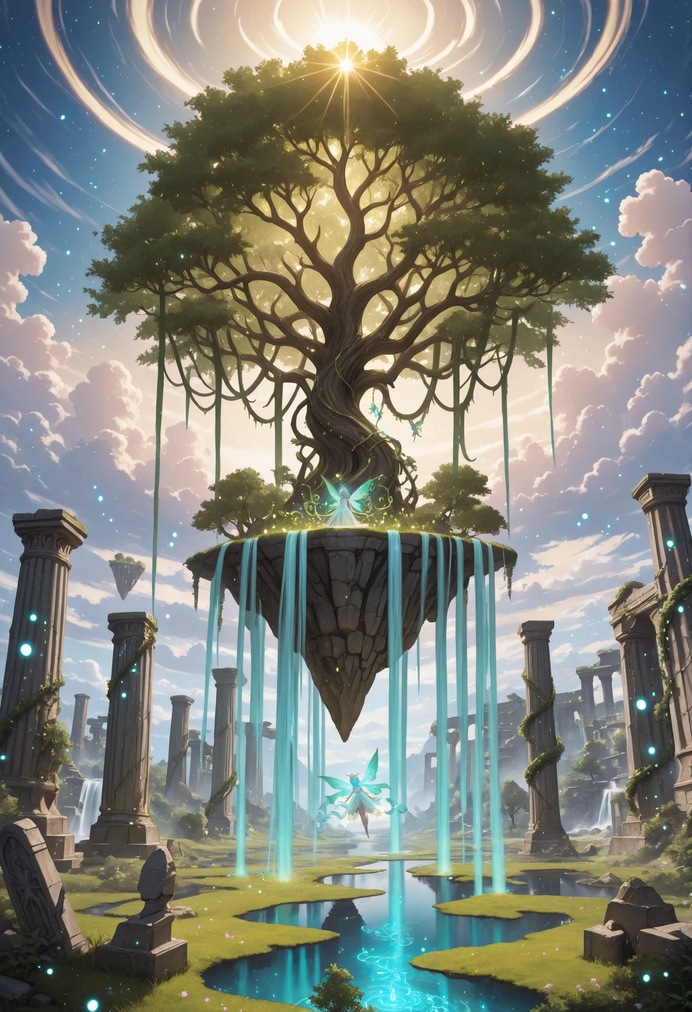 (masterpiece, high detail, fantasy atmosphere),
(a vast floating sky garden in another world),
lush greenery, giant mystical flowers, golden sunlight filtering through drifting clouds,
ancient ruins with arc-shaped pillars entwined with glowing vines,
small fairies with shimmering wings flying around,
The large tree towering in the center, Yggdrasil,
magical particles drifting in the wind, faint glowing runes on the ground,
waterfalls flowing off the edges of floating islands and disappearing into the sky,
soft ethereal color palette of emerald, gold, and sky blue,
majestic, serene, otherworldly scenery with a sense of floating height