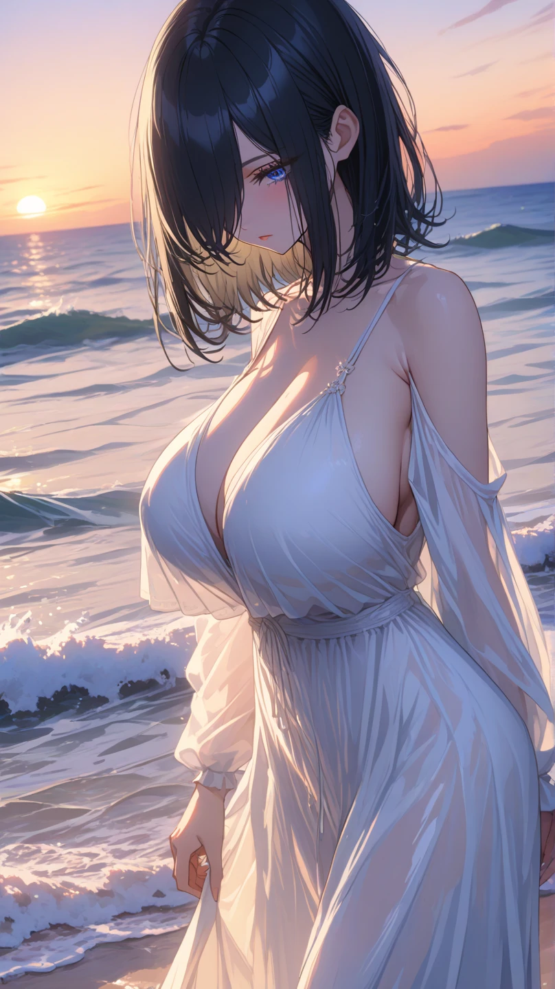 score_9, score_8_up, score_7_up, nsfw, BREAK, shiny skin,1lady,solo, face focus, BREAK, red eyes, black hair, winking, huge breasts, from above, hands, white flowy maxi dress,wide-brimmed hat,shell necklace,kneeling, splash, wet body, wet clothes, wet hair, beach