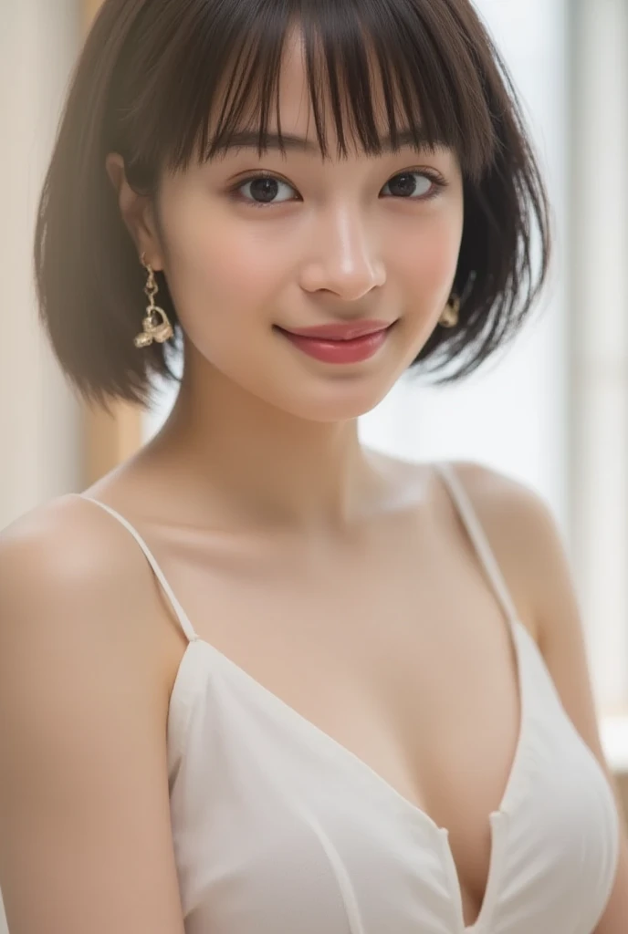（masterpiece）、(Highest quality:1.5)、(Photorealistic:1.2)、(Surreal), (High resolution), (Realistic), (Post-processing),(Sharp focus), Sharp focus:1.2,Backlight, (Improvement of quality:1.4), (Narrow waist)、((Perfectly detailed five-fingered hands)),（Anatomically correct body）、((1 female:1.4))、Japanese、Realistic Skin、（Small chest：1.4）、Bust size is A cup、Pretty woman with perfect figure:1.4,(from the front:1.5), (Enhances the beauty of skin texture:1.1),No makeup、美しいBlack Hair、smile、Natural color lip、(Small Mouth:1.4)、The mouth is not open、Thick lips、(Oval Face)、Even bangs、Hide eyebrows with bangs、((33-year-old woman))、Bob Hair、Hair blowing in the wind, (Black Hair, Iris, Watery eyes, Shining Eyes, Bob Cut Hair, Small earrings,), Hair behind the ear、No makeup、(Drooping eyes)、(((One lovely woman)),((優しい大きなsmile)),(( Small breasts,Small breastsの谷間)),((((Plump Cheeks)))),very cute,(Baby Face),