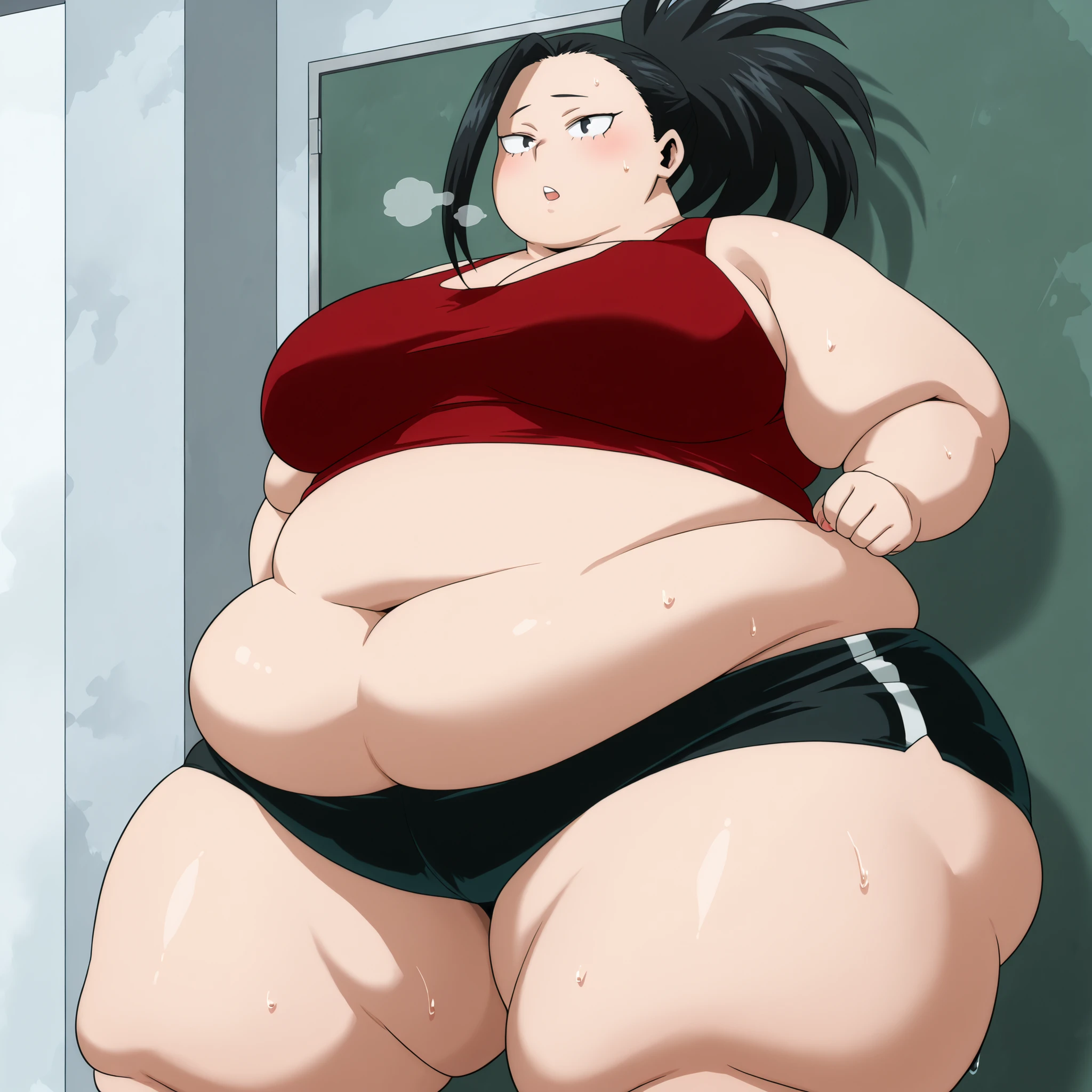 high resolution picture, masterpiece, best quality, amazing quality, , Momo Yaoyorozu from My Hero Academia ,1girl, solo, m0y4, black hair, ponytail, black eyes
large breasts, BREAK (curvy), NSFW, sweat, parted lips, tank top, midriff, black shorts, fat, chubby, obese, gigantic arms and legs, large breasts open mouth, out of breath