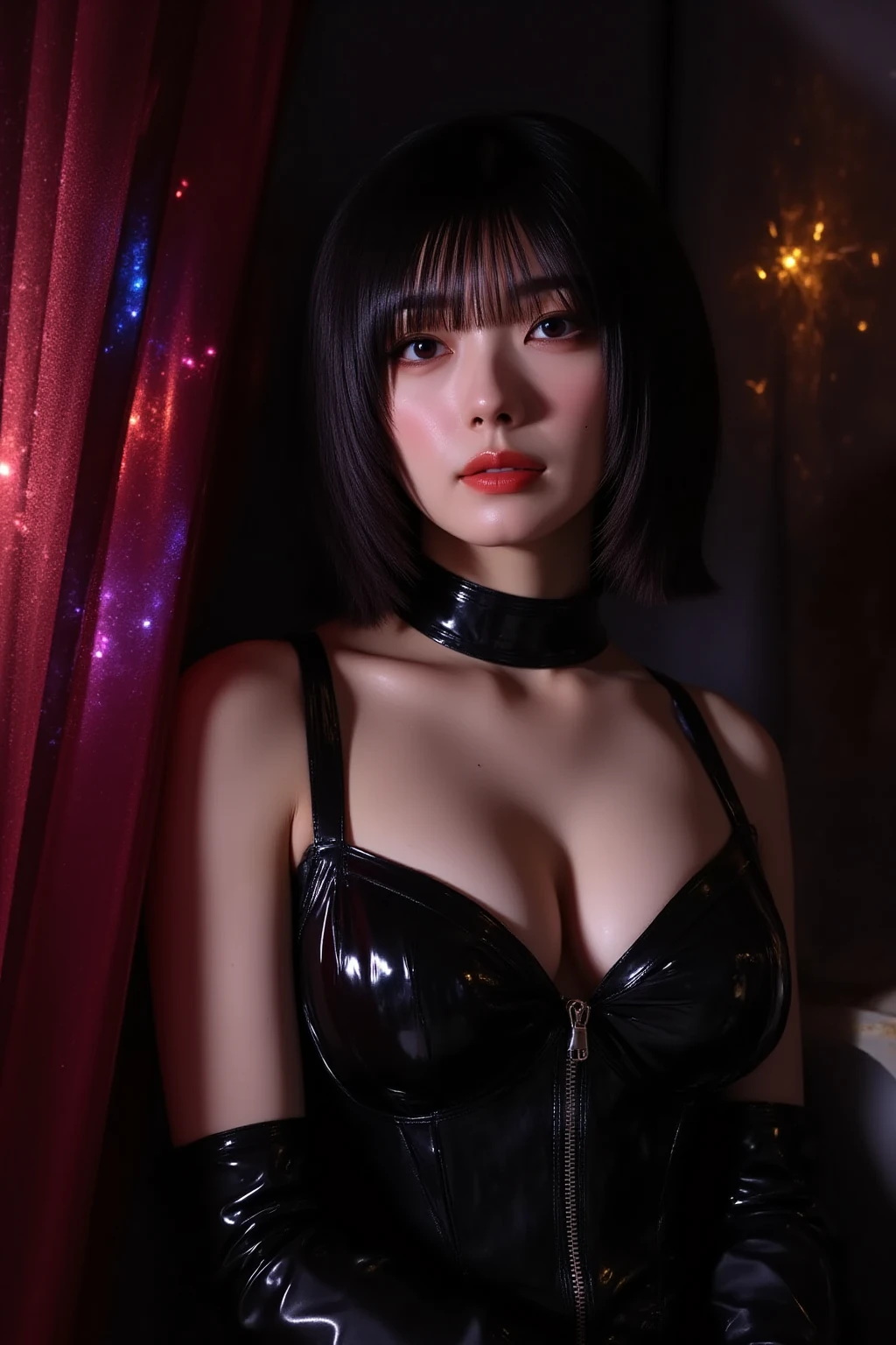 Delicate and dainty young woman with shiny bob-cut black hair. She is wearing black ???? dress. The background is a fantastic and ethereal night sky that seems to be haunted by a specter. Her expression is stern and atmospheric. 10 years old, real photo style, beautiful face, stockings, F-cup