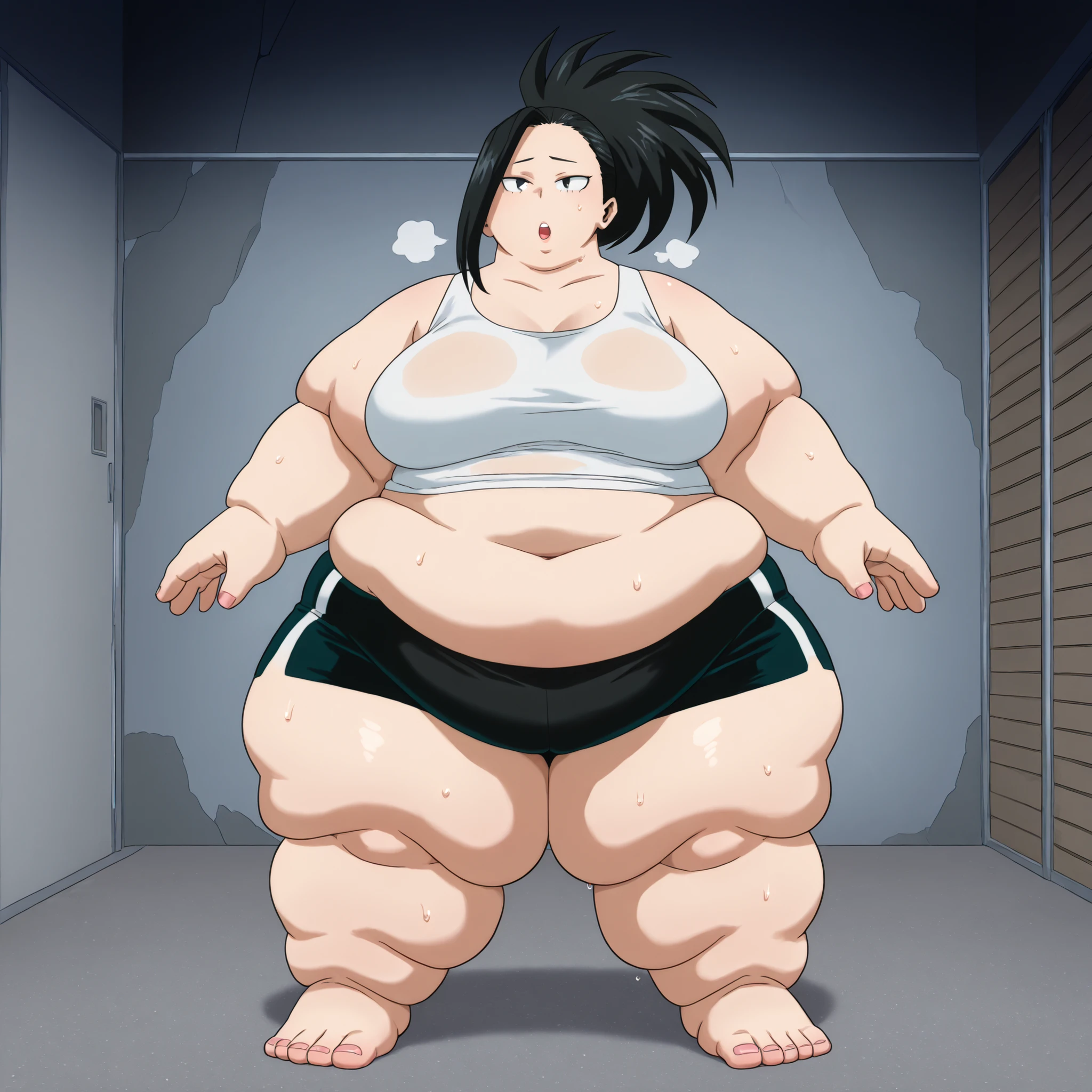 high resolution picture, masterpiece, best quality, amazing quality, , Momo Yaoyorozu from My Hero Academia ,1girl, solo, m0y4, black hair, ponytail, black eyes
large breasts, BREAK (curvy), NSFW, sweat, parted lips, tank top, midriff, black shorts, sandels, fat, chubby, obese, fat neck, multiple chins, big breasts open mouth, out of breath, Larger female, full body shot, only head, large head, oversized limbs, large hands, large feet, oversized feet, oversized fingers, big lips, plump lips, fat face, fupa, big fupa, fat fupa,