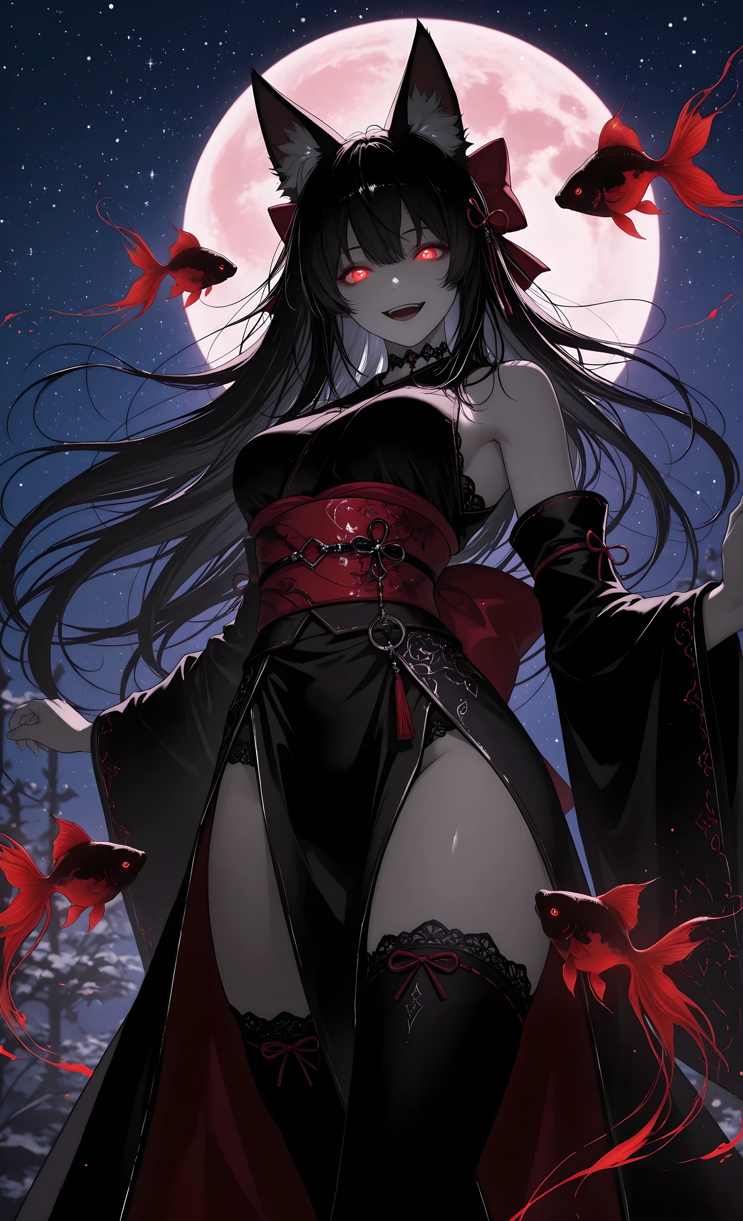 (masterpiece, best quality, ultra-detailed, absurdres, intricate details, sharp focus), shadows,
1girl, glowing eyes, score_9 , black goldfish, inky trail, black trail, fox ears, ear fluff, long flowing hair, short kimono with wide detached sleeves, obi sash, hair bow, thigh-highs, outfit mixing traditional japanese clothing with fantasy design, alternate colors, dynamic pose, open mouth smile, mysterious and otherworldly expression, detailed, fantasy atmosphere, moonlight, glowing moon, night sky, stars, mist, ethereal lighting, fantasy atmosphere