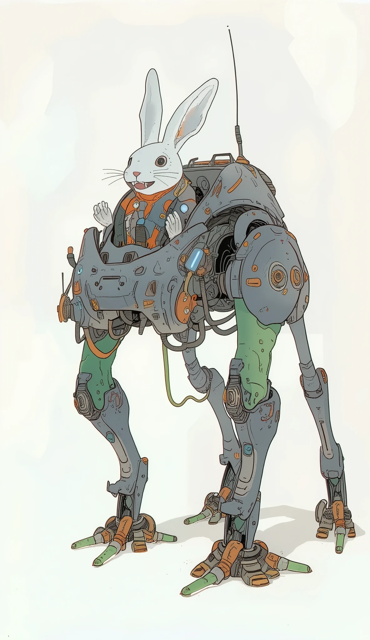 4 legs piloted by rabbit rescue workers, it's sitting inside a gray mechanical walker. 彼teeth大きな, Clear, teeth両手で操作し. 彼の服teeth、Orange team member binder. ロボットの脚teethセグメント化され、is joined with green skin, teeth多角の足で終わります. one of its mechanical arms, teeth、the walker that forms the upper body of the machine. 全体的なスタイルteeth, against a plain white background.