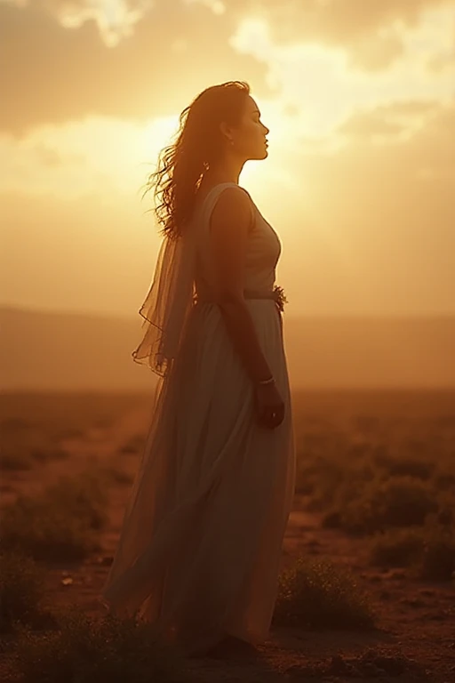 A woman in a white dress standing in a field at sunset - SeaArt AI