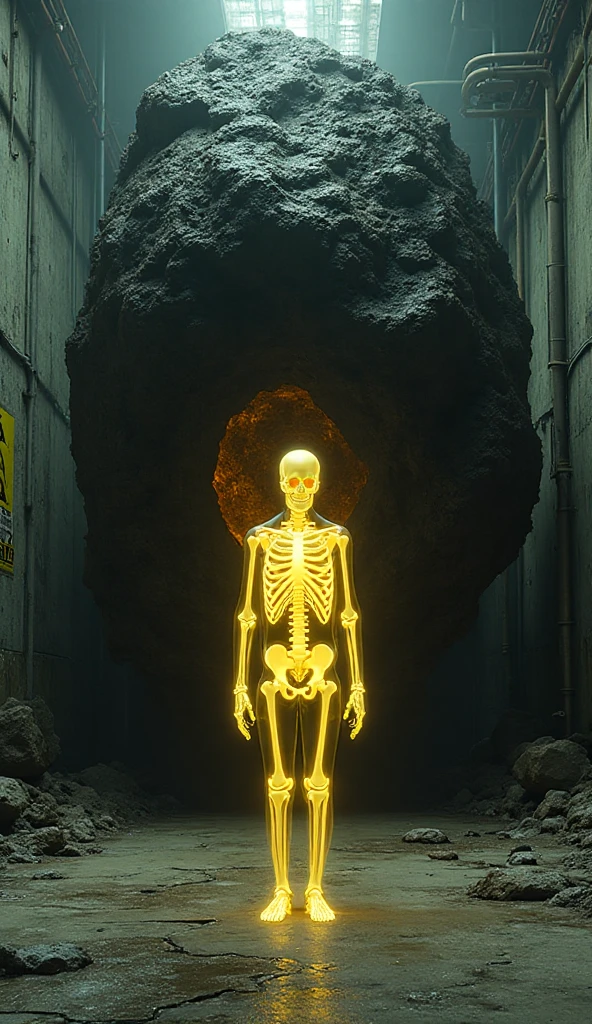 A full-body transparent human figure with a pale yellow skeleton standing in the foreground. Behind the figure, a massive irregular radioactive rock formation, dark black and deep brown, with a melted lava-like texture, glowing from inside with a subtle yellow-green radioactive light. Wide open industrial nuclear facility interior, cracked concrete, broken pipes, toxic atmosphere, radiation hazard symbols on the sides. Cinematic scientific documentary style, ultra-realistic lighting and shadows. No text, no logos, no icons.