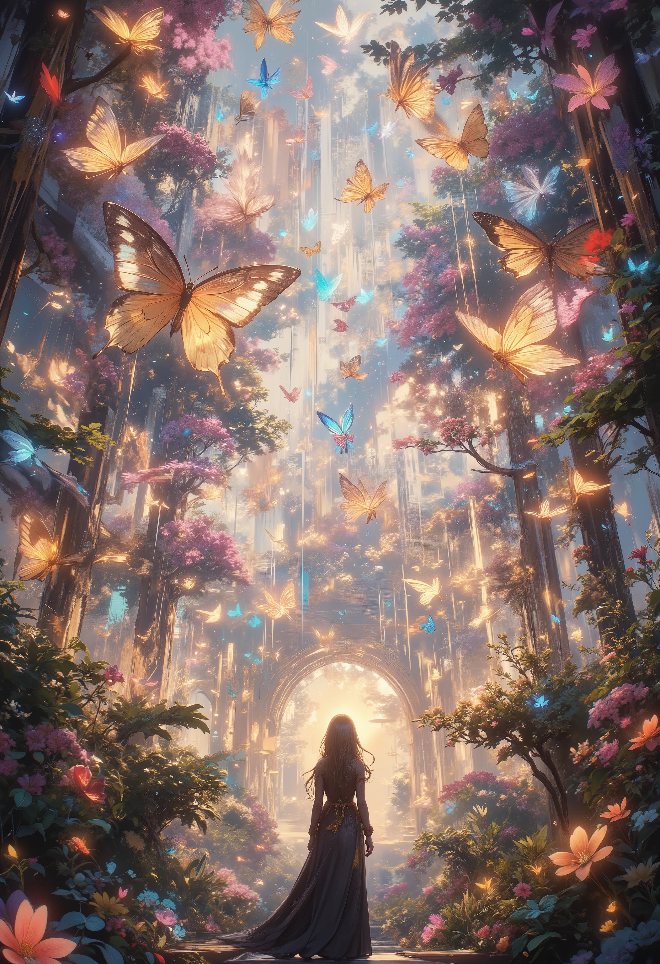 Ultra-detailed, cinematic masterpiece capturing a breathtaking **aerial garden**, where countless glowing flowers and iridescent, translucent butterflies drift effortlessly through the sky. Their vibrant petals shimmer in radiant hues of **crimson, gold, pink, and violet**, suspended in the sunlit air as a soft luminescent mist swirls around them.
Below, a stunning woman stands in awe, gazing upward at the mesmerizing spectacle. Her flowing attire catches the ambient glow, while her hair moves gently in the breeze, reflecting the celestial light. The perspective is grand and expansive, emphasizing the surreal beauty of the floating blossoms and delicate butterflies as they create a breathtaking display of **light, motion, and dreamlike elegance**.