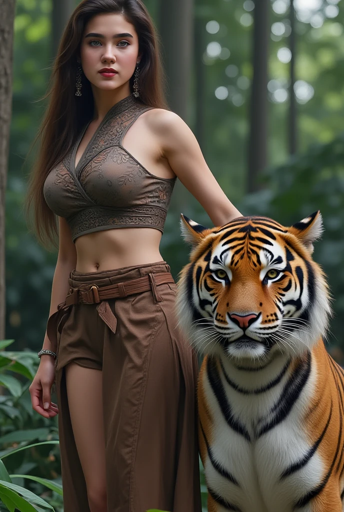 (young scarlett jahansson),cute fur cave woman outfit,walks pet tiger on leash,prehistoric Flintstone setting,show all of her!