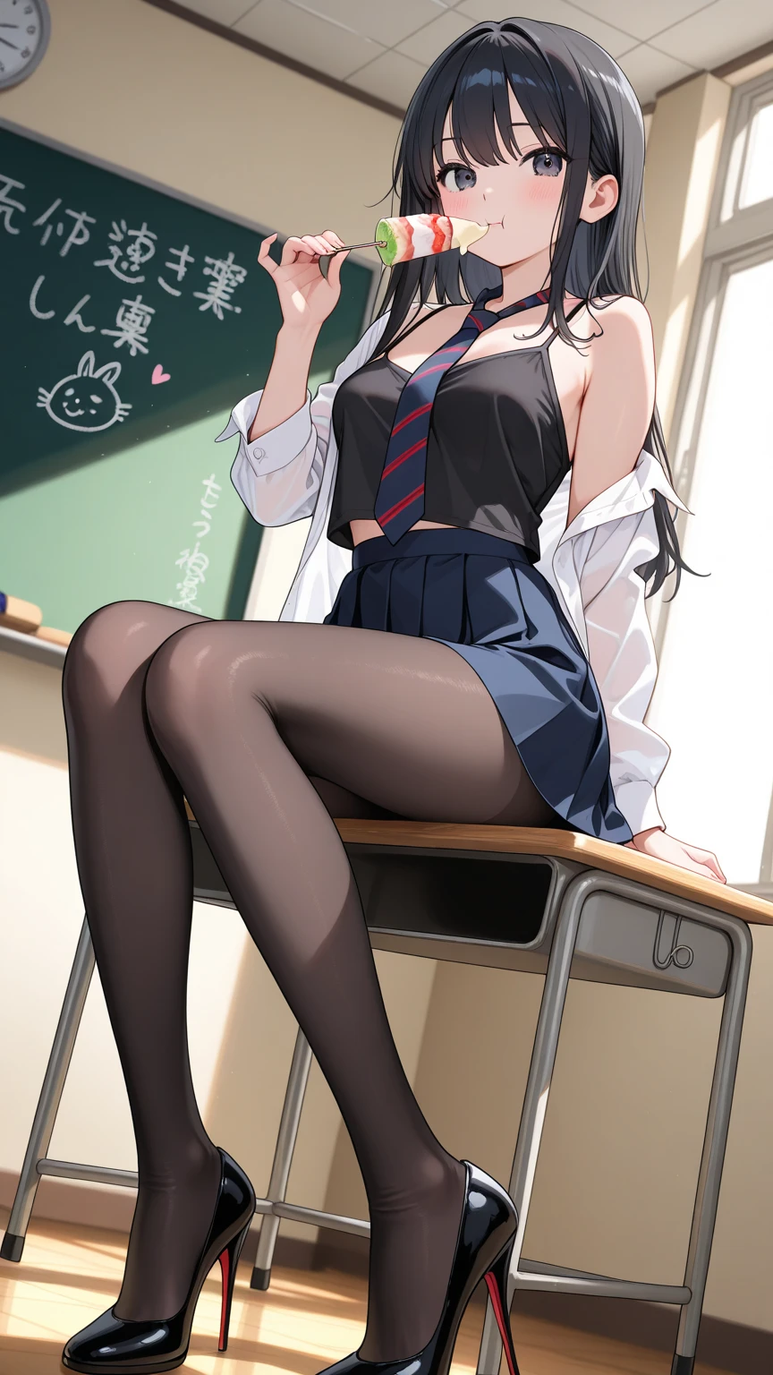 (8K、Best image quality、Highest quality、masterpiece)、One tall girl、((Full body))、Sit on the floor with your legs spread apart、White  are visible、Long Hair、Wavy Hair、blush、Moderate bust、White collared shirt、Short sleeve、((Plaid pleated ))、Classroom Background、((black tights))、Black Pantyhose、((No shoes))