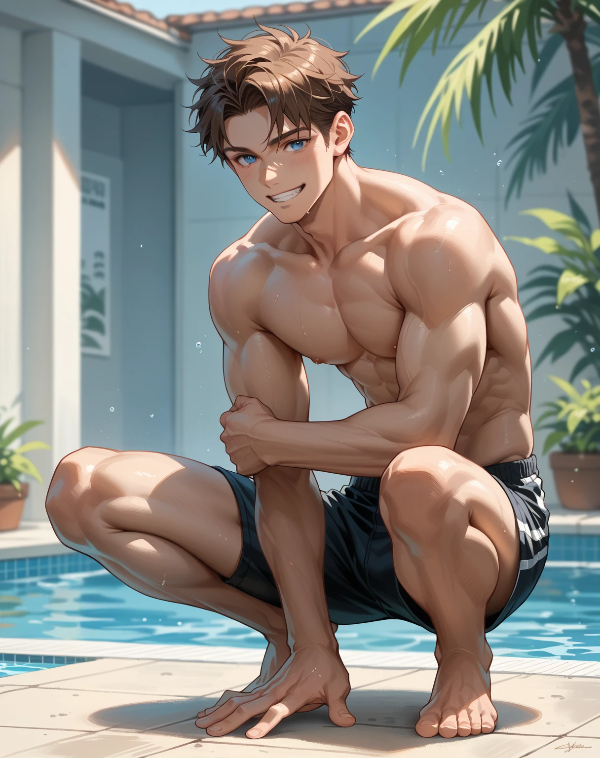 masterpiece, best quality, realistic, 1man, male focus, tall muscular, handsome, [thin eyebrows:0.5], serious, , portrait, extremely detailed face, black hair, (short hair), , six packs, full body, Japanese, round glasses, relax