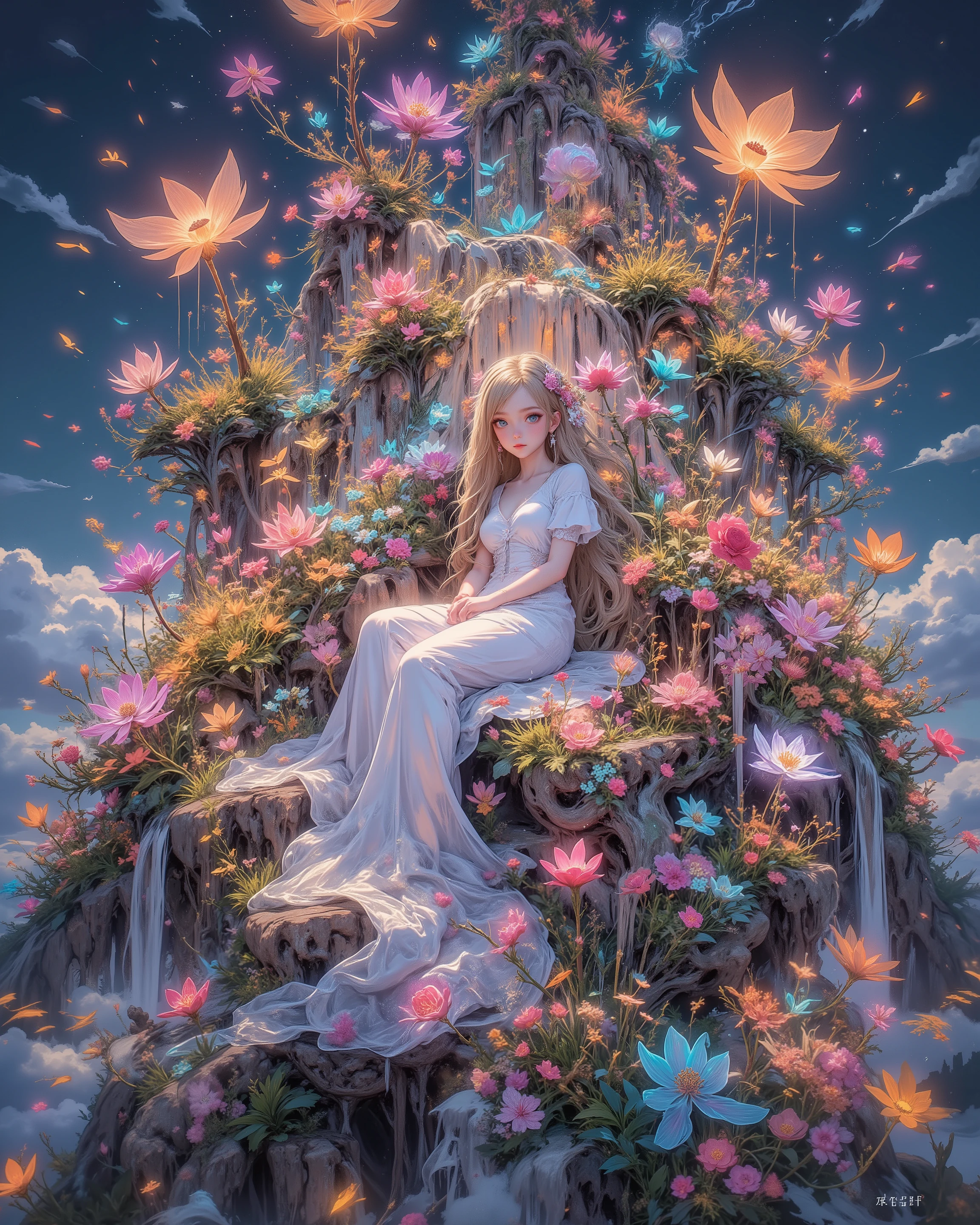 A floating island adorned with an aerial garden bursting into an explosion of colors. Countless luminous flowers bloom in vivid hues, forming a mesmerizing paradise. A woman sits elegantly amidst this radiant display, her presence serene yet enchanting. The air shimmers with ethereal light, amplifying the dreamlike atmosphere. Captured from a distance, she gazes at the viewer, surrounded by a surreal symphony of floating blossoms. The scene is cinematic, rich in harmony, blending realism with fantasy in a breathtaking spectacle.