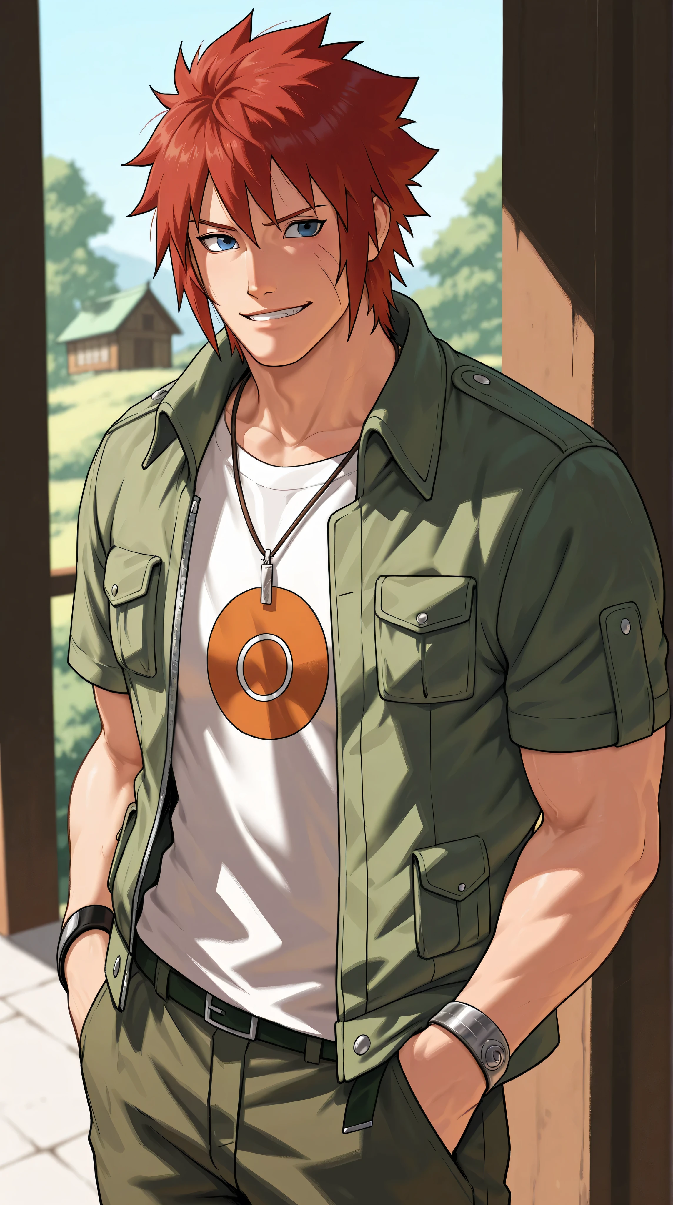1man, Naruto-universe OC, short messy red hair, blue eyes.
Pose: hands in pockets, relaxed posture, soft natural smile.
Outfit: simple T-shirt, light open jacket, casual pants.
Environment: quiet village street, gentle late-afternoon lighting.
Style: Naruto anime style, clean, detailed, HD.
