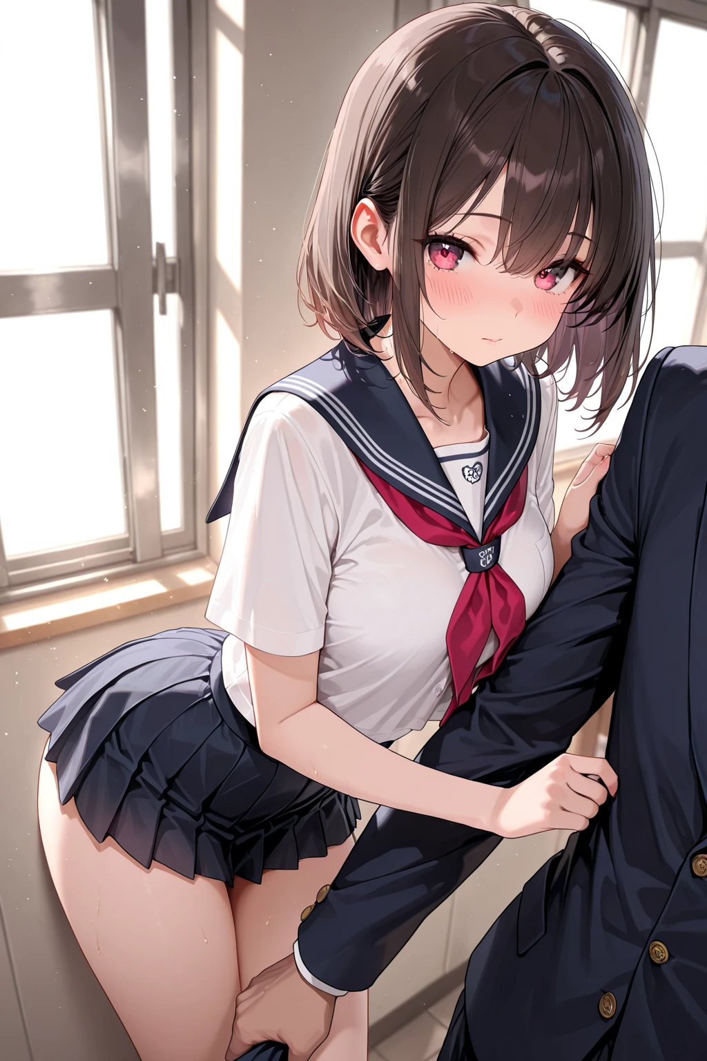 A boy and a girl have  at school with the girl  her clothes.