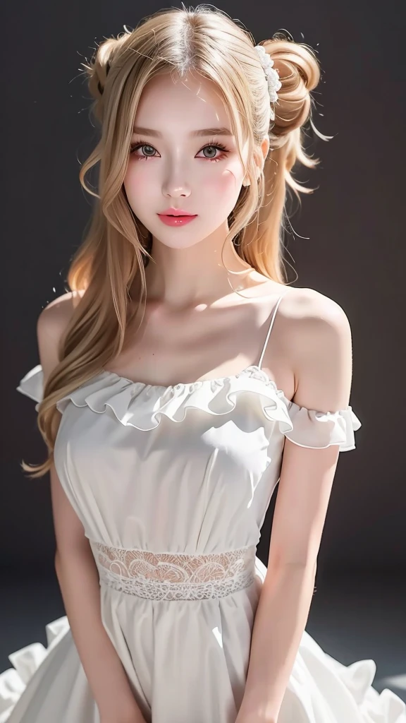 (((forehead、Blonde、Northern Europe、White people、beautiful girl、Blonde、White background、Frills、race、dress)))、table top, highest quality, figure, super detailed, finely, High resolution, 8k wallpaper, Perfect dynamic composition, detailed and beautiful eyes, Deco out,bionde, medium hair, super , Natural color lip,white background, random cute poses,frill dress