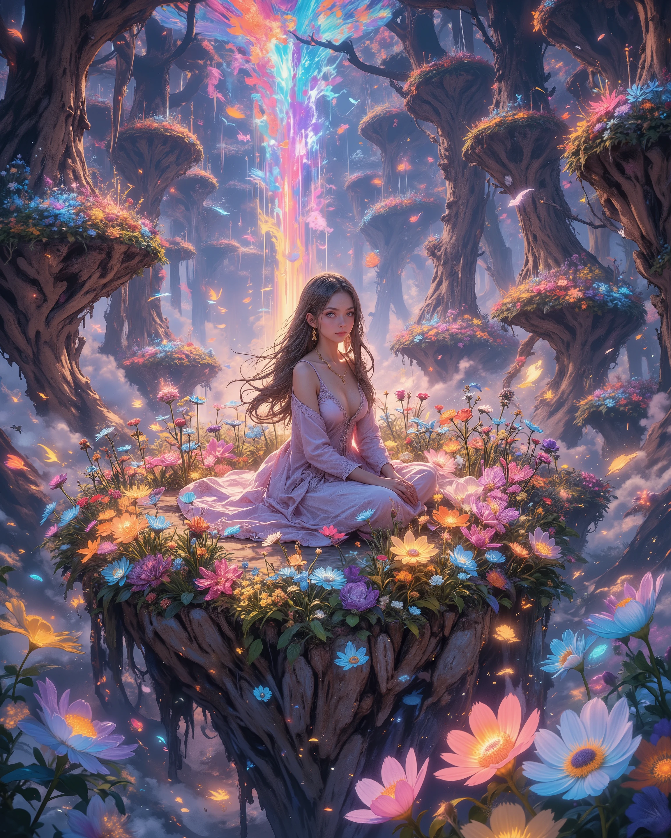A floating island adorned with an aerial garden bursting into an explosion of colors. Countless luminous flowers bloom in vivid hues, forming a mesmerizing paradise. A woman sits elegantly amidst this radiant display, her presence serene yet enchanting. The air shimmers with ethereal light, amplifying the dreamlike atmosphere. Captured from a distance, she gazes at the viewer, surrounded by a surreal symphony of floating blossoms. The scene is cinematic, rich in harmony, blending realism with fantasy in a breathtaking spectacle.
