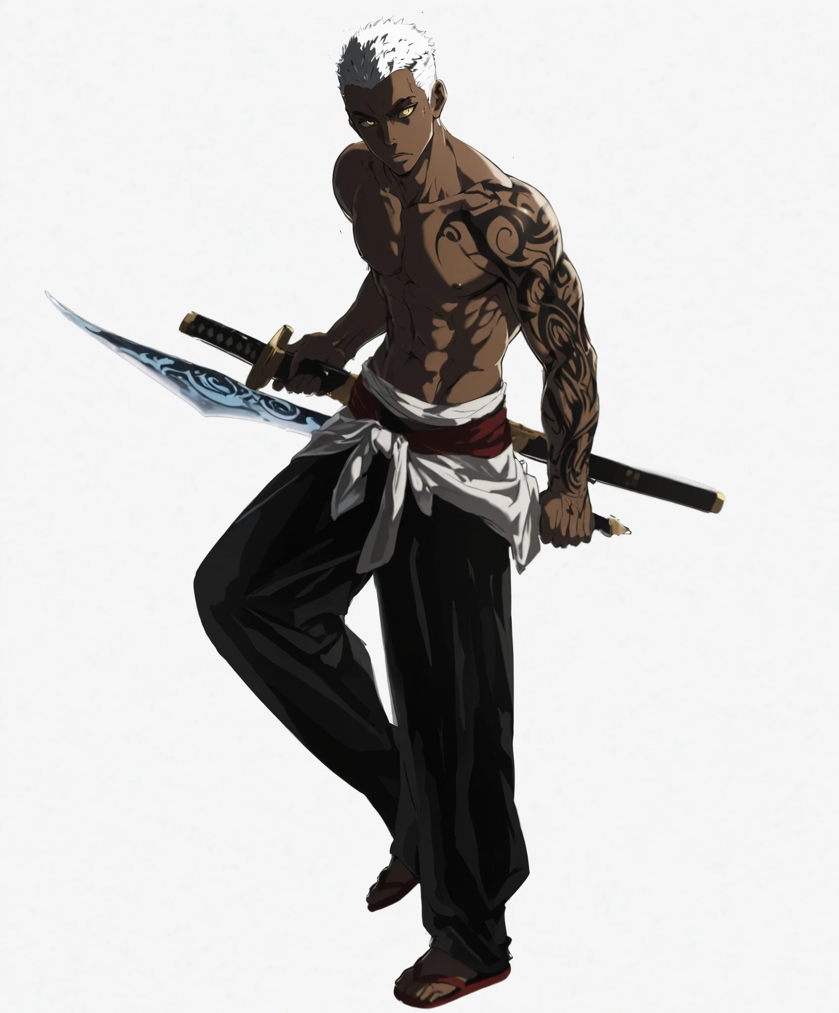 An anime-style character, a dark-skinned man with white hair and striking yellow eyes, is positioned against a smooth white background. Your muscles , , the shirtless torso is adorned with intricate black tattoos covering your left arm and shoulder. He wears loose black pants , held by a white stripe with a red stripe, and simple red slippers. on your hands, he holds two sheathed katanas, one with a visible blue blade. His expression is serious, with a slight inclination of his head, as if watching something attentively. The lighting highlights his defined physique, casting subtle shadows that emphasize his powerful constitution and the detailed tattoos,.