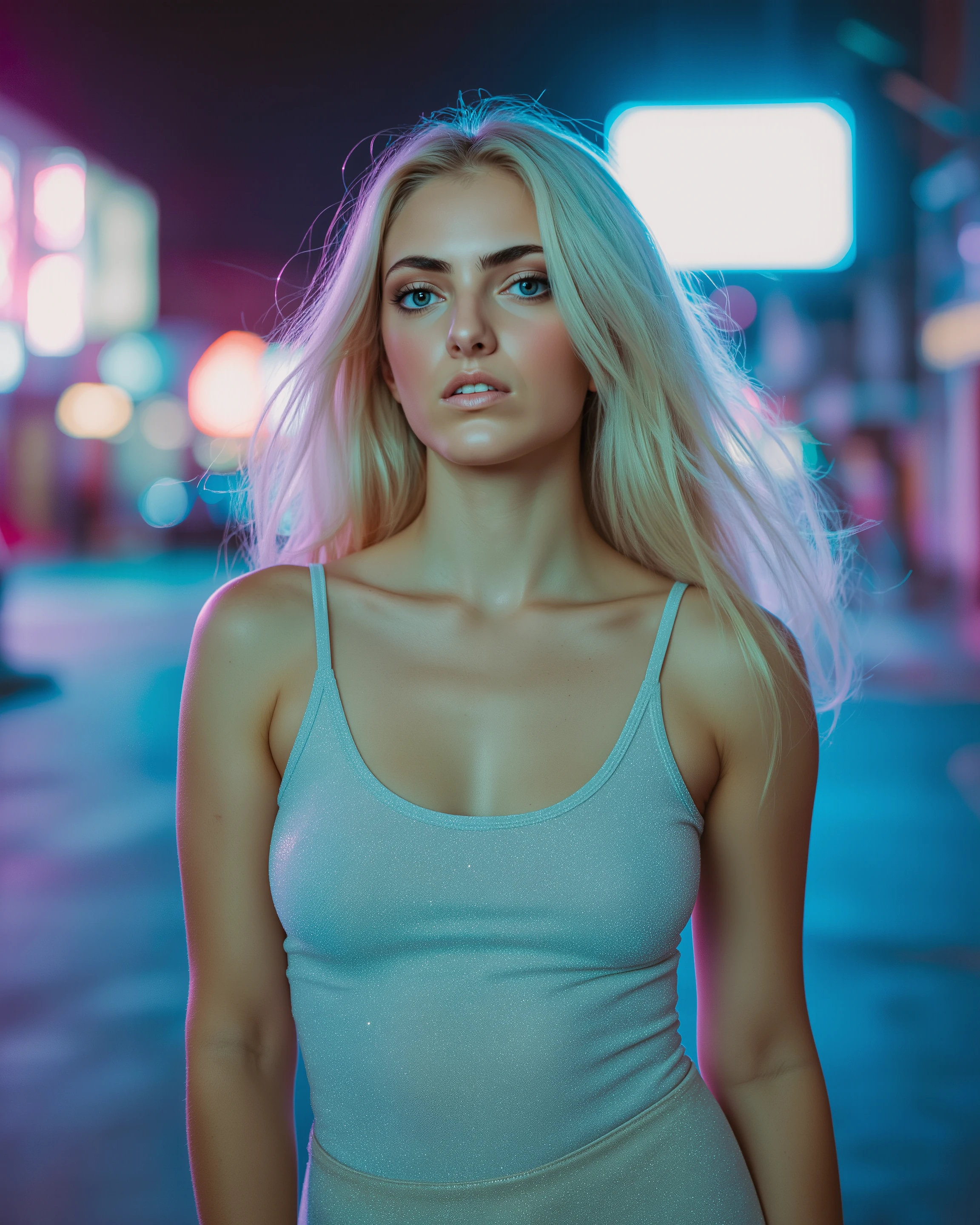 Roxie, a slender, athletic, young woman, with rounded shoulders. Her skin is fair, face is oval-shaped with a long rounded nose, warm relaxed eyes, and Long platinum blonde hair.  standing alone under cool neon lights with soft pink and blue glow, minimal pop aesthetic, glossy skin tones, smooth highlight on cheeks, slightly blurred city lights behind her, subtle sparkle on the outfit, soft wind movement, clean composition, centered framing, cinematic shallow depth of field, mood of early-career pop romance, album-single style layout, light lens bloom, crisp but dreamy atmosphere.