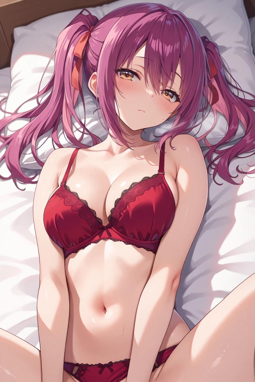 score_9, score_8_up, score_7_up, source_anime,
scathach, <lora:scathach-ponyxl-lora-nochekaiser:1>,
scathach, long hair, purple hair, red eyes,
bare shoulders, bikini, bracelet, bridal garter, cleavage, collarbone, flower, hair flower, hair ornament, hibiscus, jewelry, navel, purple bikini, sarong, swimsuit, thighs,
indoors, bed, bed room, on side, blush, drunk,
looking at viewer, dutch angle, cowboy shot,