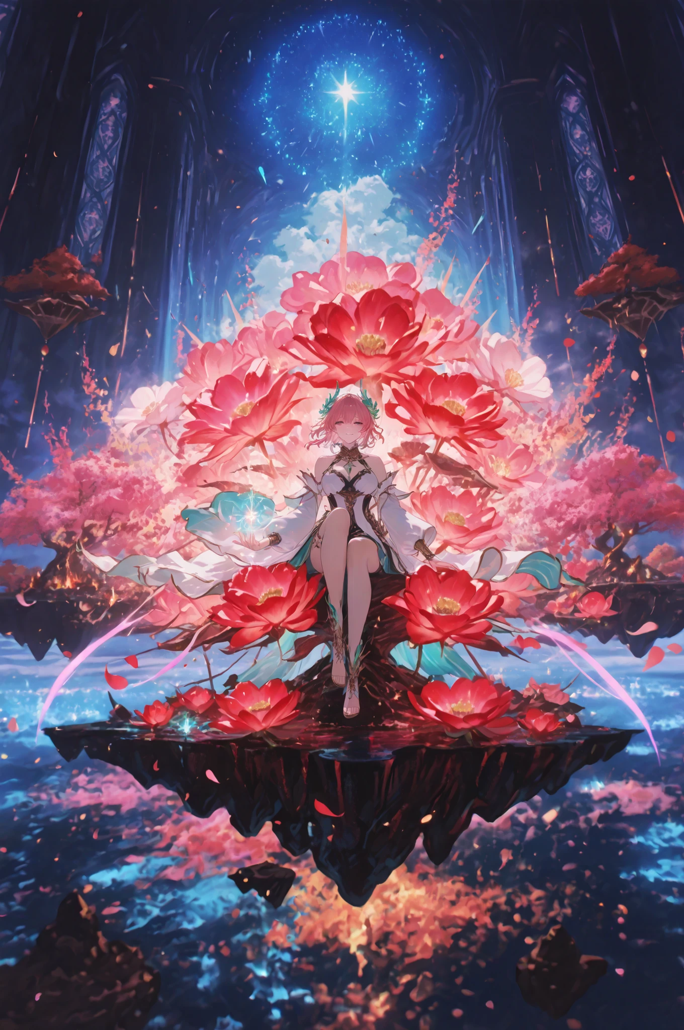 A floating island adorned with an aerial garden bursting into an explosion of colors. Countless luminous flowers bloom in vivid hues, forming a mesmerizing paradise. A woman sits elegantly amidst this radiant display, her presence serene yet enchanting. The air shimmers with ethereal light, amplifying the dreamlike atmosphere. Captured from a distance, she gazes at the viewer, surrounded by a surreal symphony of floating blossoms. The scene is cinematic, rich in harmony, blending realism with fantasy in a breathtaking spectacle.