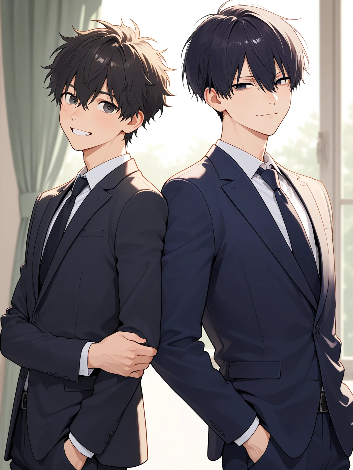 A male comedian duo wearing suits and bow ties、Looking at each other and laughing、Upper body close-up