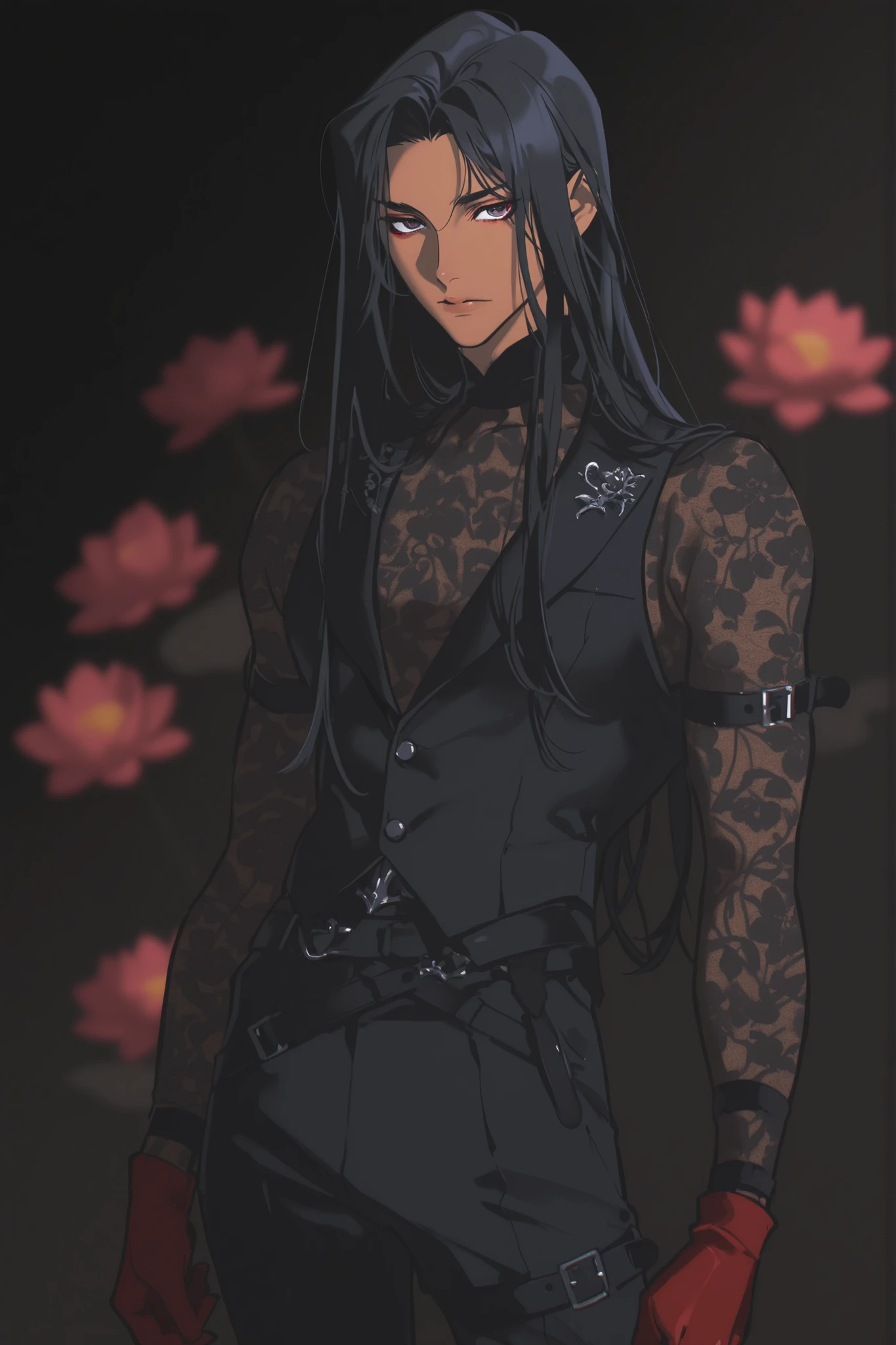 best quality, masterpiece, 1man, male character, black_hair, brown_skin, dark_skin, long_hair, red lotus, tattoed man, tattoos, floral pattern, ink splash, straight_hair, neutral expression, mature face, dark fantasy, belts, leg belt, arm belt, pattern undershirt, lotus, black undershirt, black_skirt, lingerie pattern), cowboy_shot, blurry, vest, eyeliner, anime_style, gothic, goth, dark background, one-piece white bodysuit, black bodysuit, black pattern_leggings, blurry_background, yoneyama mai, red gloves, parted_bangs, cut_bangs, different colored eyes (one red, one blue), edgy fashion, victorian style, fashionable, solo, blurry, chromatic aberration, portrait, rich color, beautiful light, perfect contrast, realistic facial features, detailed features, defined features, detailed hair, semi-realistic style, attractive features, dark colors, dark lighting, painted style, detailed style, black outline, perfect detail, dull colors, anime style, semi-realistic, clear background, lifeless colors, dark, rough sketch lineart, loose lineart, watercolor coloring, masterpiece, ultra detailed, 4k, 8k, ultra hd, best