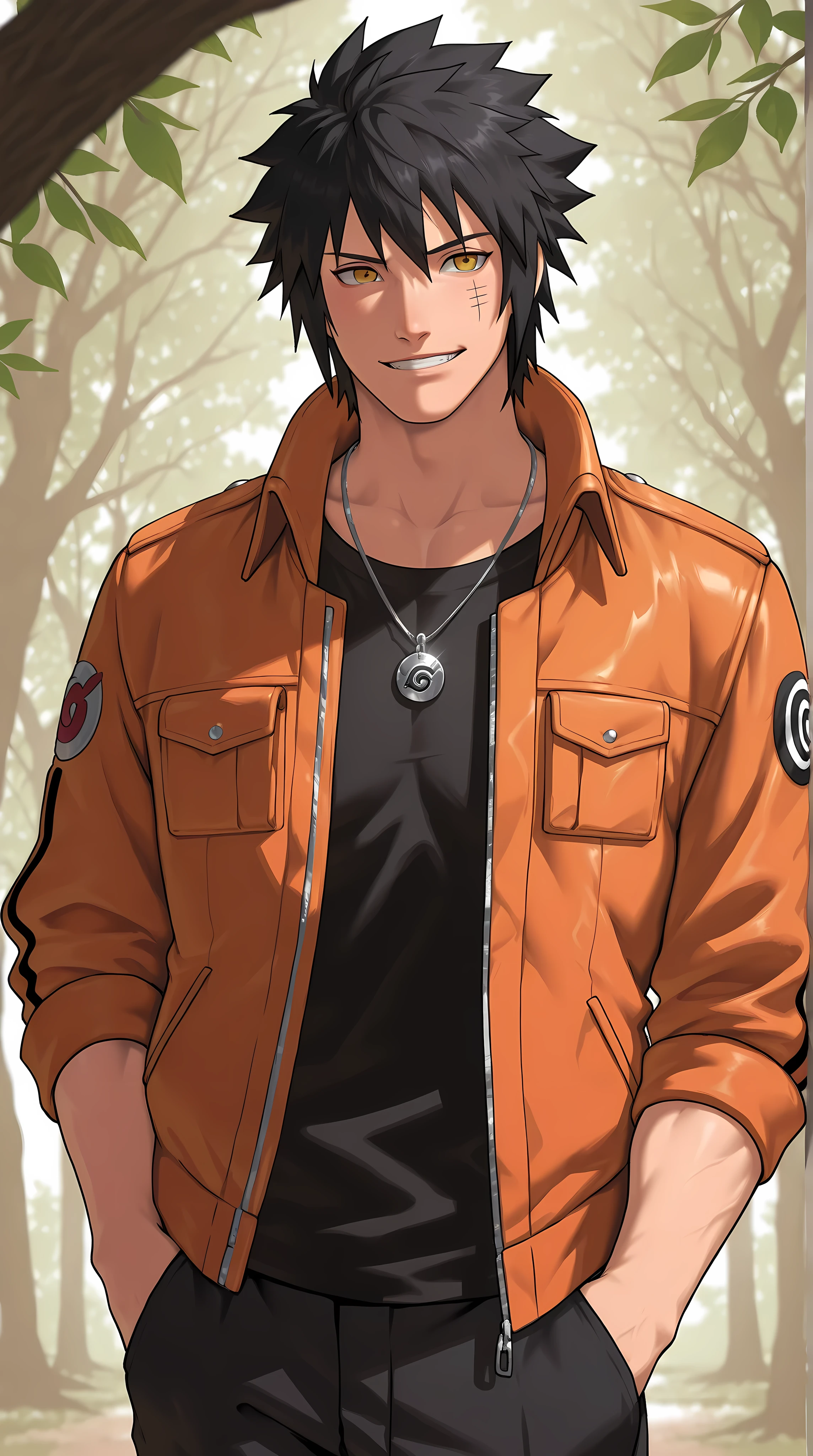 1man, Naruto-universe OC, Minato short messy black hair, detailed yellow eyes.
Pose: hands in pockets, relaxed posture, soft natural smile.
Outfit: simple black T-shirt, orange open jacket, black casual pants.
Environment: quiet village street, gentle late-afternoon lighting, Pendant with the leaf village symbol.
Style: Naruto anime style, clean, detailed, HD.