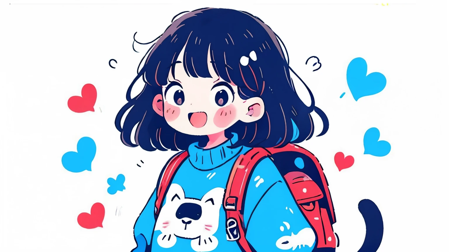 girl、ランドセルを持った、long hair、wears a sweater、Smile Yan、upper body、polka dot pop background with backpack、solo、masterpiece. high quality, Hi Steady Tail、Warm Atmosphere、