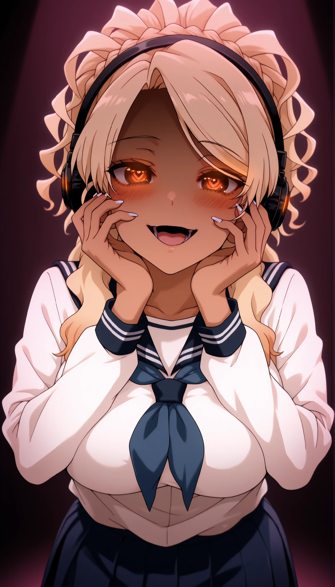 <lora:Yamamoto-000076:1> ,Yamamoto, blonde hair , brown eyes, crown braid , , dark-skinned female, white nails, gyaru , ahoge, shirt, long sleeves, school uniform, white shirt, pleated skirt, serafuku, sailor collar, blue skirt, neckerchief, blue sailor collar, blue neckerchief, yandere trance, yandere, hands on own cheeks, hands on own face, crazy eyes, crazy smile, crazy, heart-shaped pupils, glowing eyes, symbol-shaped pupils, hand on own face, open mouth, glowing, blush, looking at viewer, DJ headphones, Standing in front of the DJ equipment Full body shot, The spotlight shines on