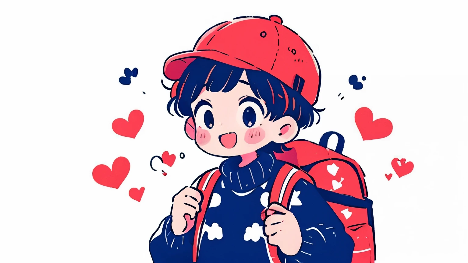 boys、ランドセルを持った、wearing a yellow cap、wears a sweater、Smile Yan、upper body、polka dot pop background holding a backpack、solo、masterpiece. high quality, Hi Steady Tail、Warm Atmosphere、