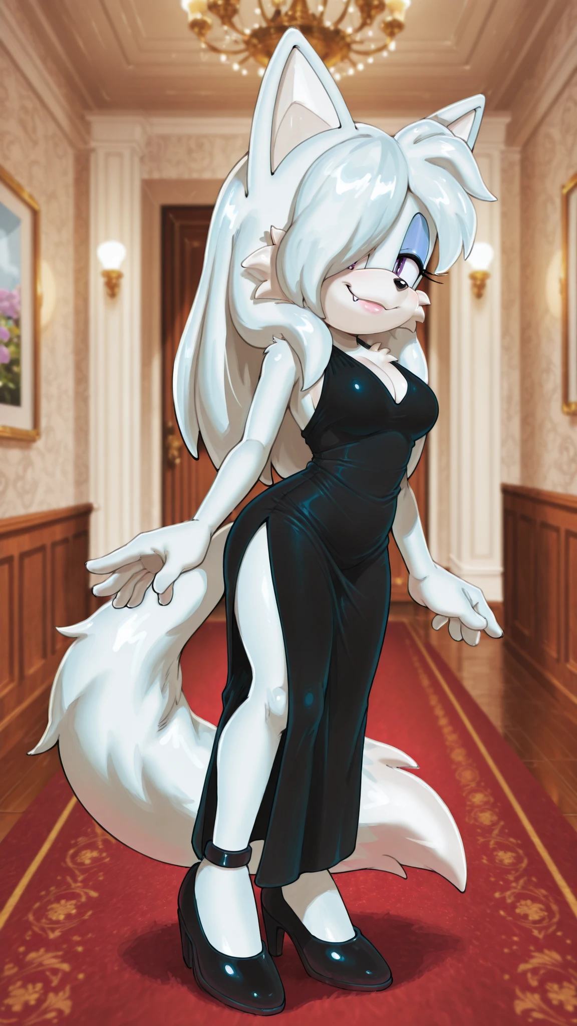 masterpiece, best quality, amazing quality, very aesthetic, high resolution, ultra-detailed, absurdres, newest, scenery, furry, anthro, sonic \(series\), 1girl, female furry, fox, purple eye, white fur, white body, medium breasts, hips, thighs, long hair, hair over eye, cyan heels, cyan sleeveless dress, long dress, sideslit dress, deep v-neck dress, sexy dress, white fox tail, fangs, cute smile, cyan eyeshadow, red carpet, photography session, depth of field, detailed fluffy fur, volumetric lighting, full body, onmodelblobian, indoors, (side view)