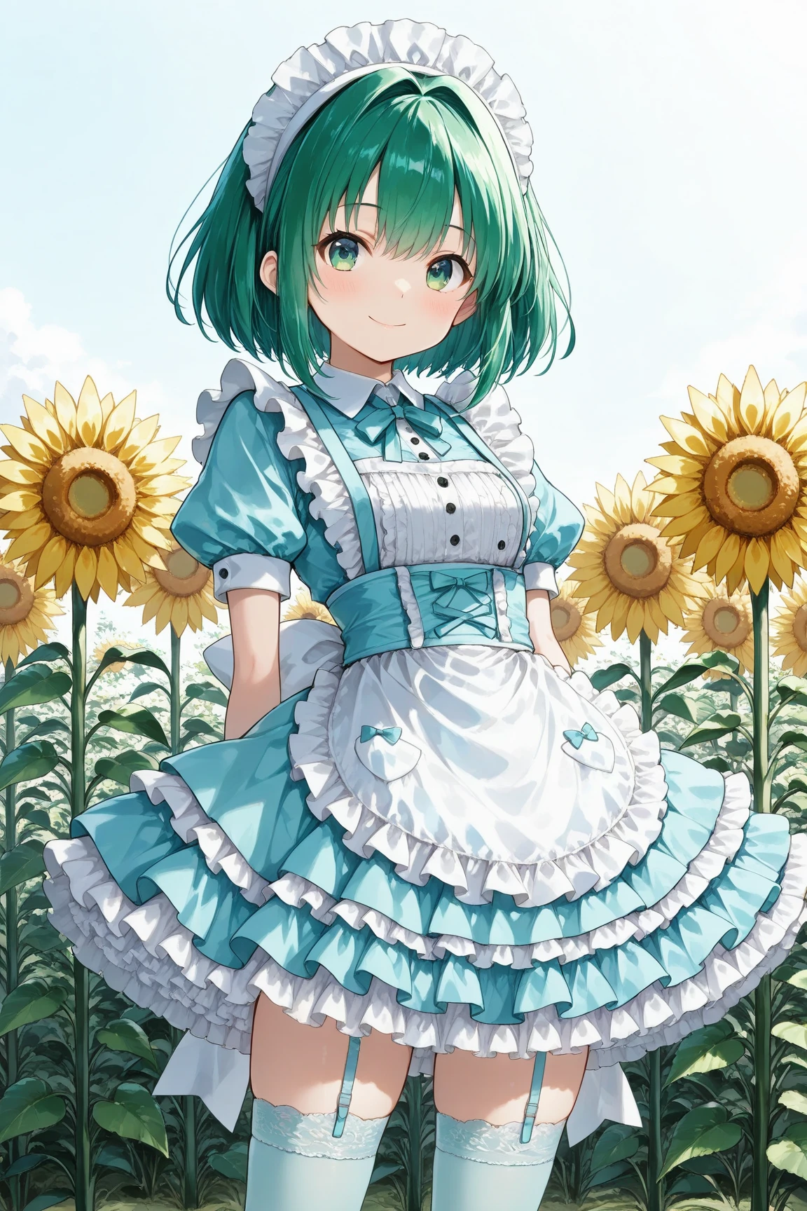 High quality, Ultra detailed, best quality, insanely detailed, masterpiece, beautiful illustrations, highest quality, pretty girl, ((very cute)), ((lovely)), ((sweet)), 1girl, standing, pastel colour, white frilled dress, blunt bangs, (Spring Green bob cut), bright lighting, sky-blue eyes, soft smile, looking at viewer