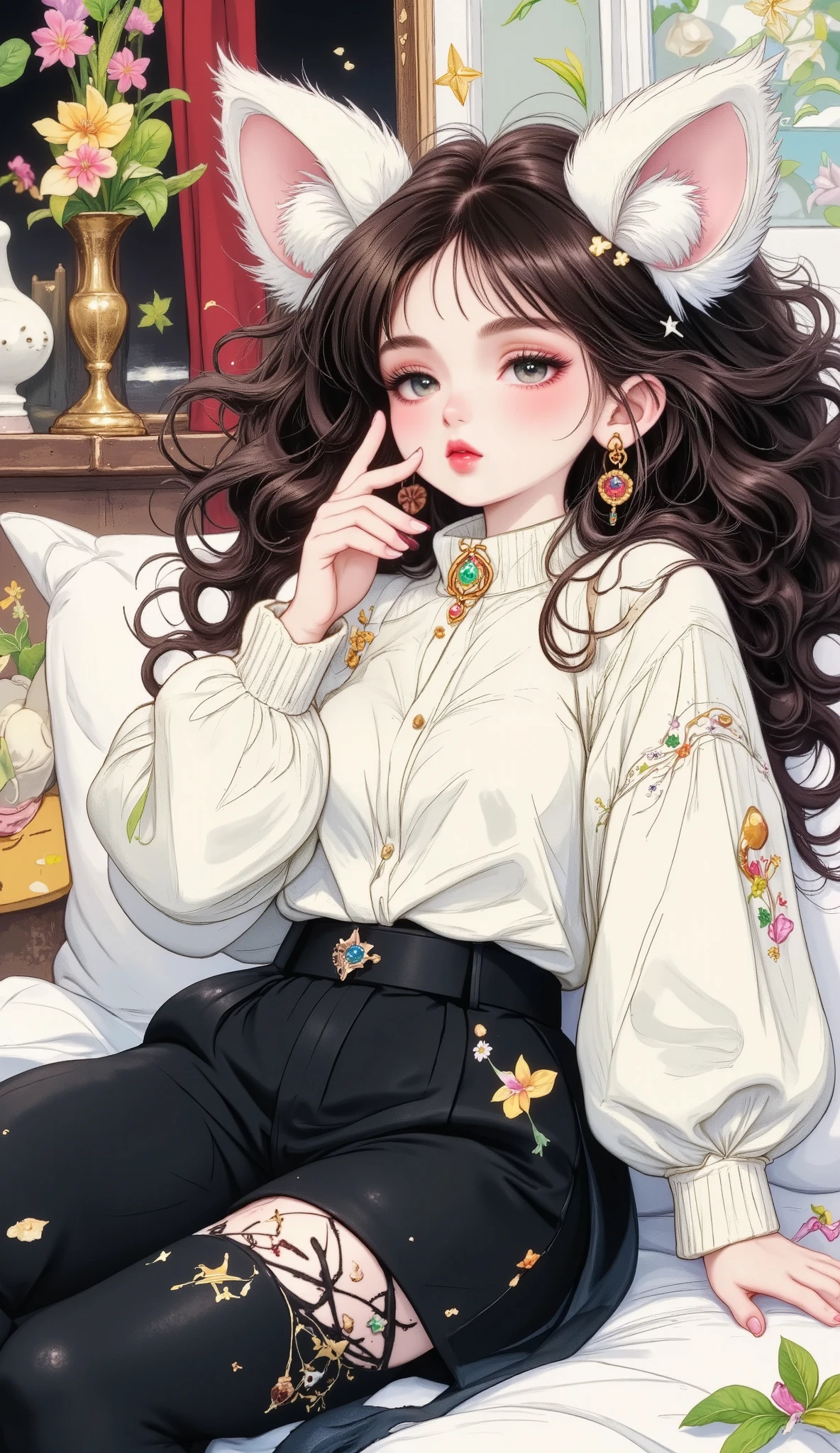 A girl with cat ears is stretched out on a luxurious bed, with an oversized sweater that falls off her shoulder. Her tail curls playfully. Rendered in pastel anime style, soft ambient lighting, skin blush, and blurry textures. jumpsuit and flirty, cozy 4K NSFW.