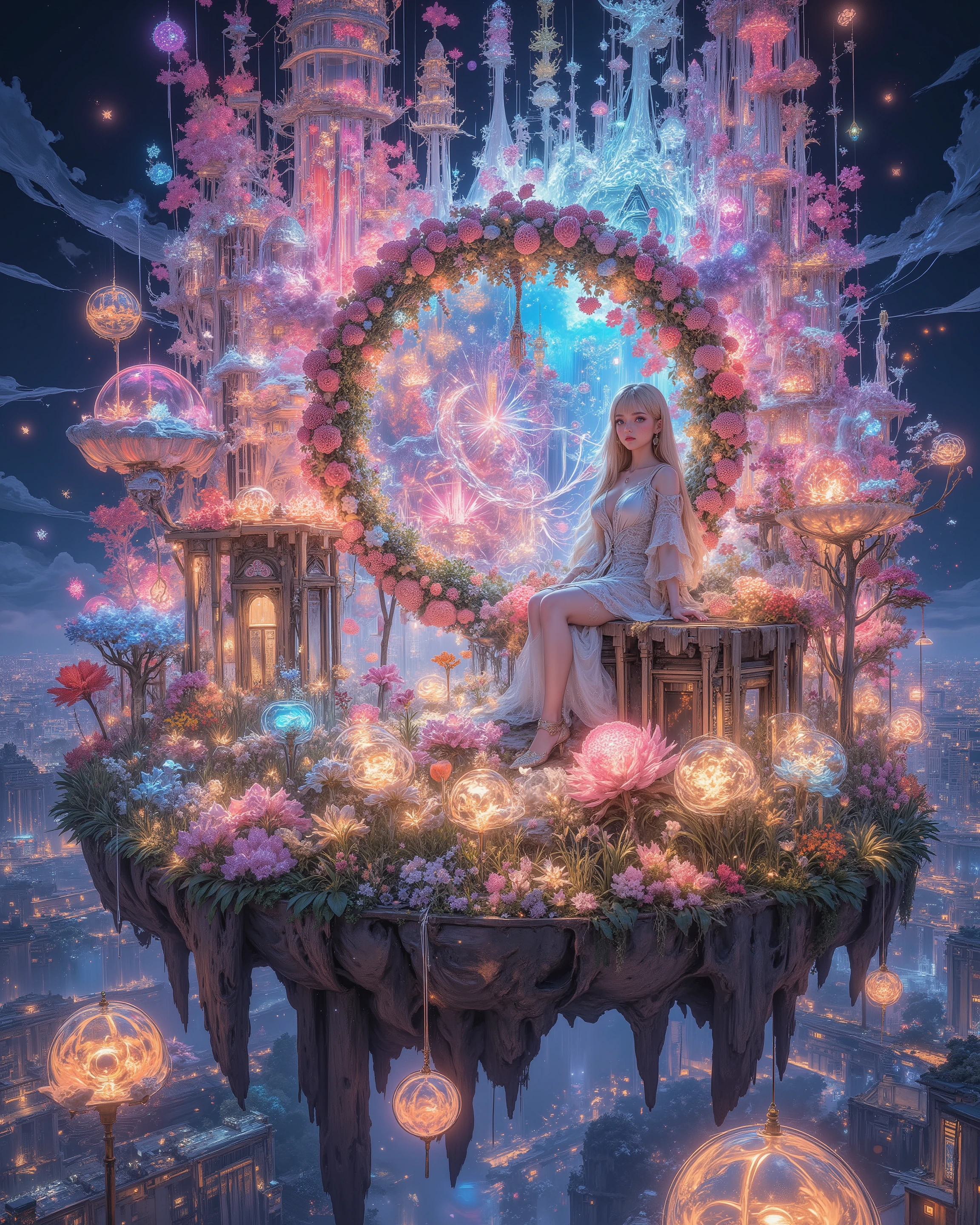 A floating island adorned with an aerial garden bursting into an explosion of colors. Countless luminous flowers bloom in vivid hues, forming a mesmerizing paradise. A woman sits elegantly amidst this radiant display, her presence serene yet enchanting. The air shimmers with ethereal light, amplifying the dreamlike atmosphere. Captured from a distance, she gazes at the viewer, surrounded by a surreal symphony of floating blossoms. The scene is cinematic, rich in harmony, blending realism with fantasy in a breathtaking spectacle.