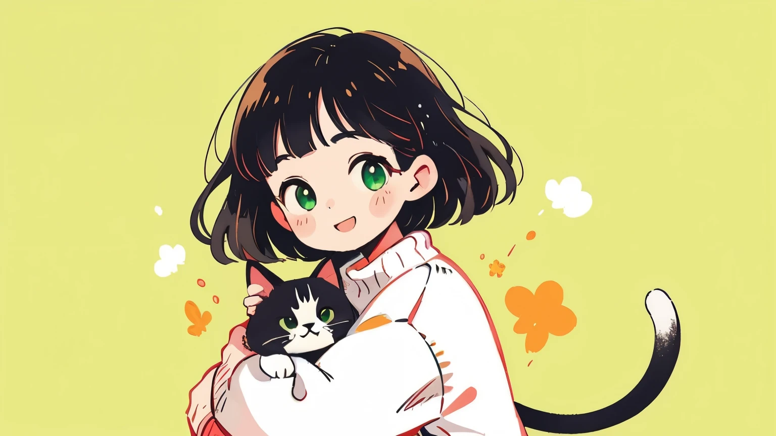 Hugging the cat、white sweater、1 woman、Smile Yan、brown shorthair standing on wooden floor、green eyes、upper body、pop background、solo、masterpiece, High Quality, Hi Steady Tail、Warm Atmosphere、Photorealistic、Delicate Gloss、Soft Tones、Happy Smile、Refined Atmosphere、Perfectly harmonized composition