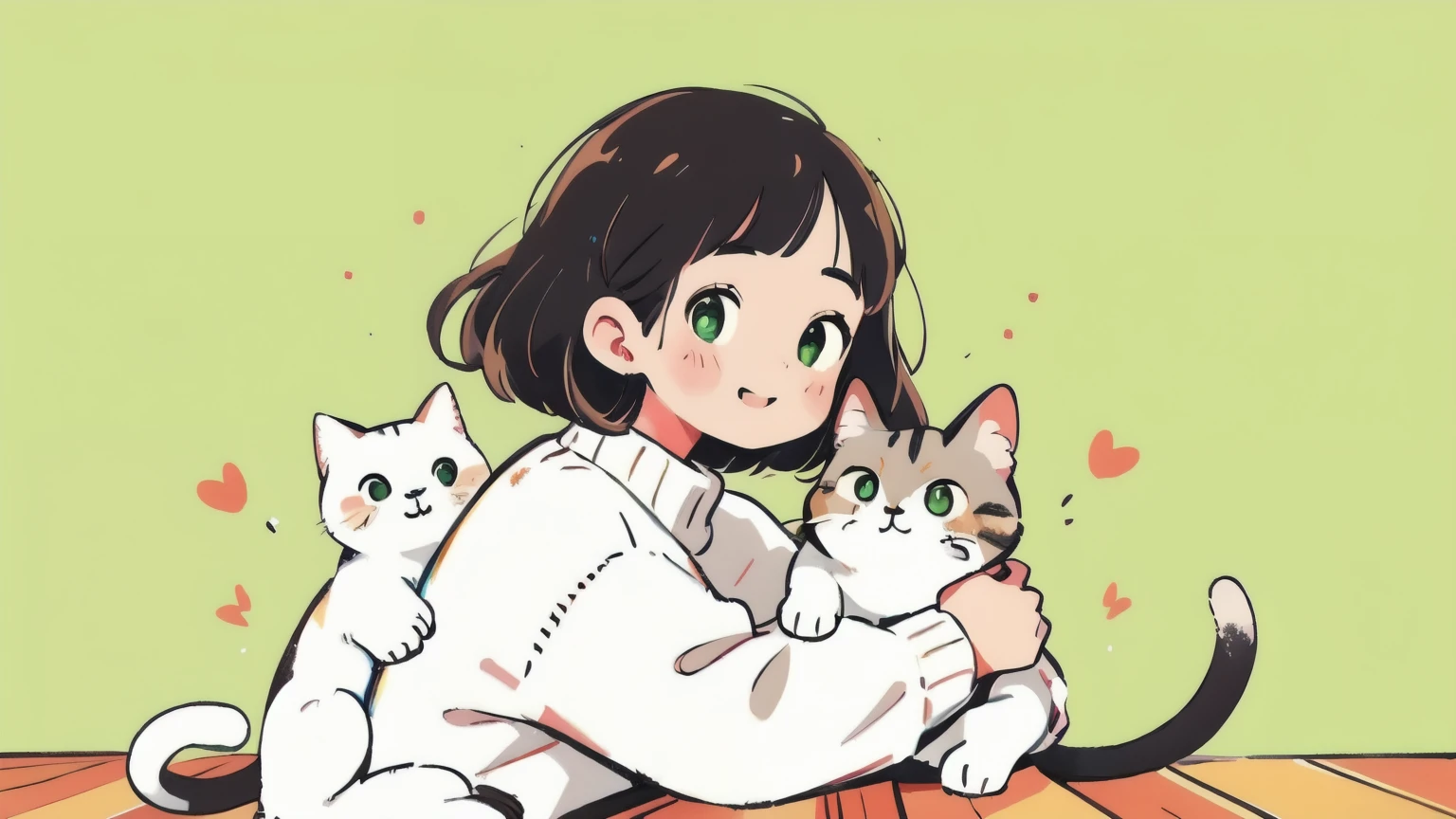 Hugging the cat、white sweater、1 woman、Smile Yan、brown shorthair standing on wooden floor、green eyes、upper body、pop background、solo、masterpiece, High Quality, Hi Steady Tail、Warm Atmosphere、Photorealistic、Delicate Gloss、Soft Tones、Happy Smile、Refined Atmosphere、Perfectly harmonized composition