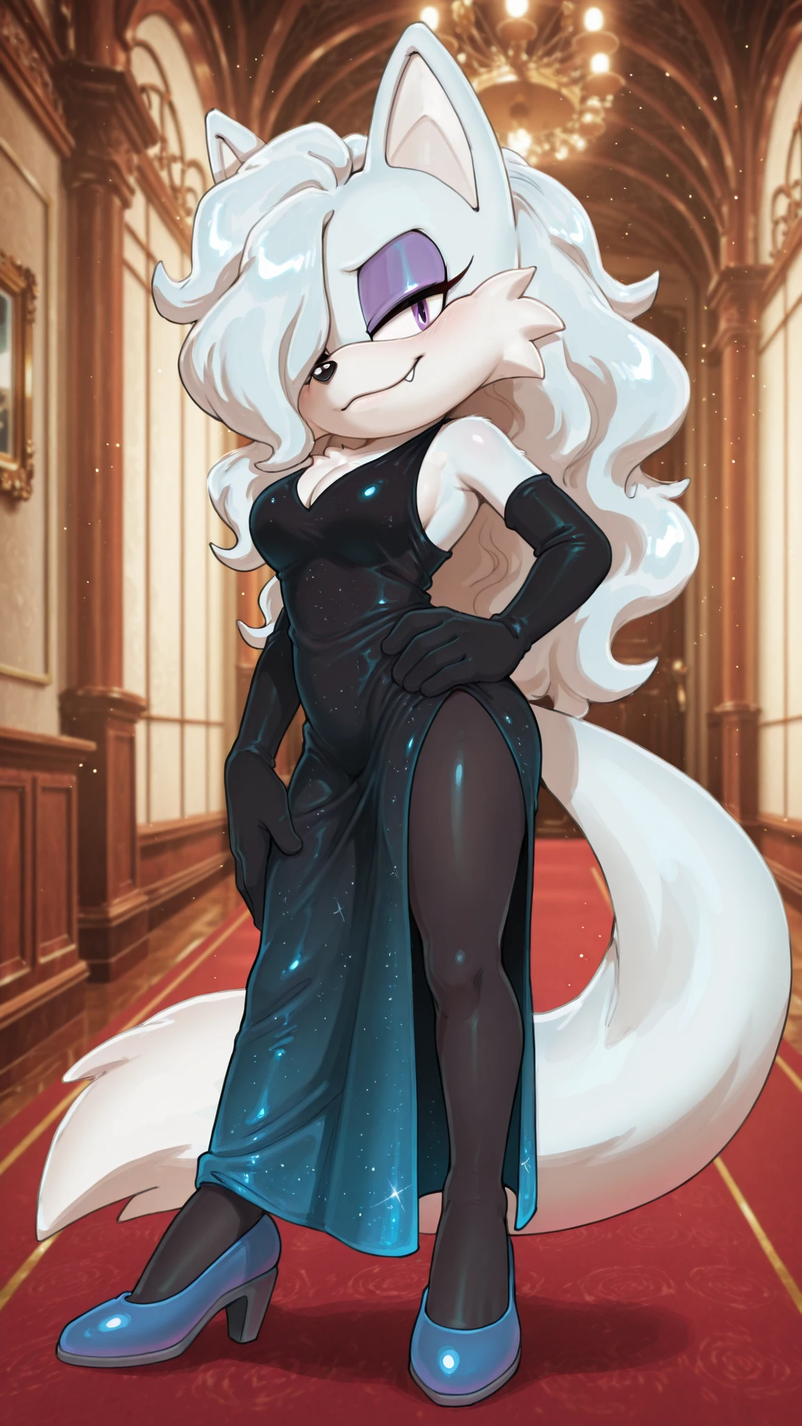 masterpiece, best quality, amazing quality, very aesthetic, high resolution, ultra-detailed, absurdres, newest, scenery, furry, anthro, sonic \(series\), 1girl, female furry, fox, purple eye, white fur, white body, medium breasts, hips, thighs, long hair, white hair, wavy hair, hair over eye, blue heels, blue sleeveless dress (black gradient dress), long dress, sideslit dress, deep v-neck dress, sexy dress, white fox tail, fangs, cute smile, cyan eyeshadow, red carpet, photography session, depth of field, detailed fluffy fur, volumetric lighting, full body, indoors, (side view), black elbow gloves, snout, looking at the viewer, dynamic angle, hand on hip, black pantyhose, head tilt, smirk, onmodelblobian